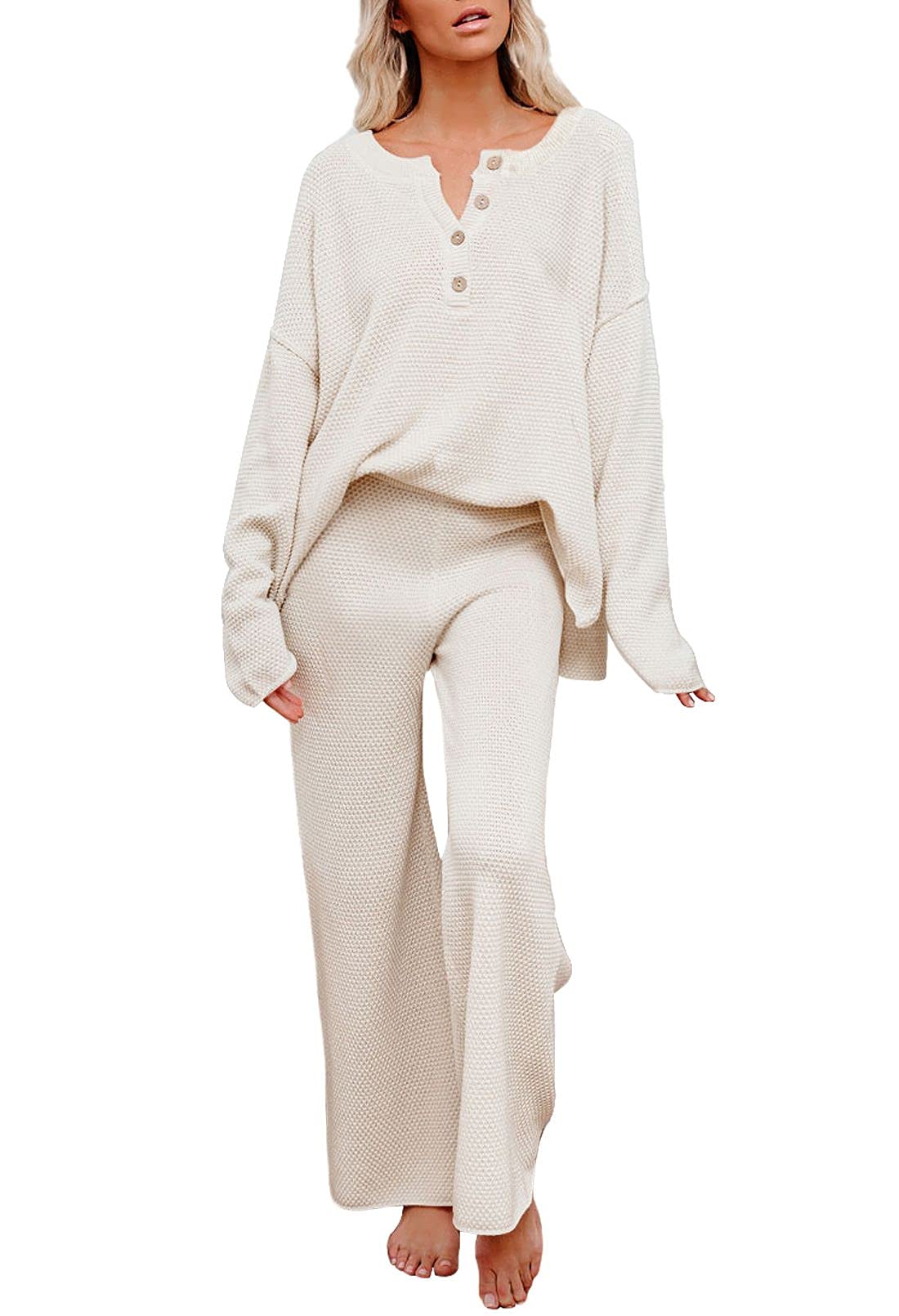 Pink Queen Women's 2 Piece Outfit Set Long Sleeve Button Pullover Sweater Top and Wide Leg Pants Knit Sweatsuit