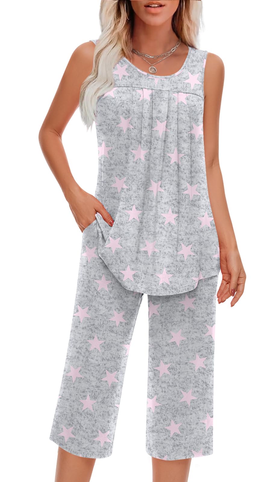 Women Pajamas Sets Loungewear Soft Sleepwear Two Piece Summer Sleeveless Pjs Tank Top Pants with Pocket M-3XL