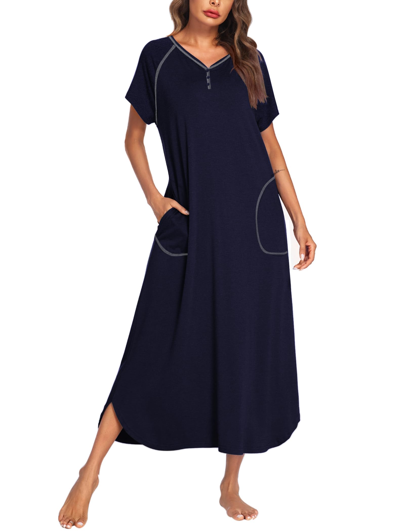 Ekouaer Long Nightgown Women's Loungewear Short Sleeve Sleepwear Full Length Sleep Shirt with Pockets
