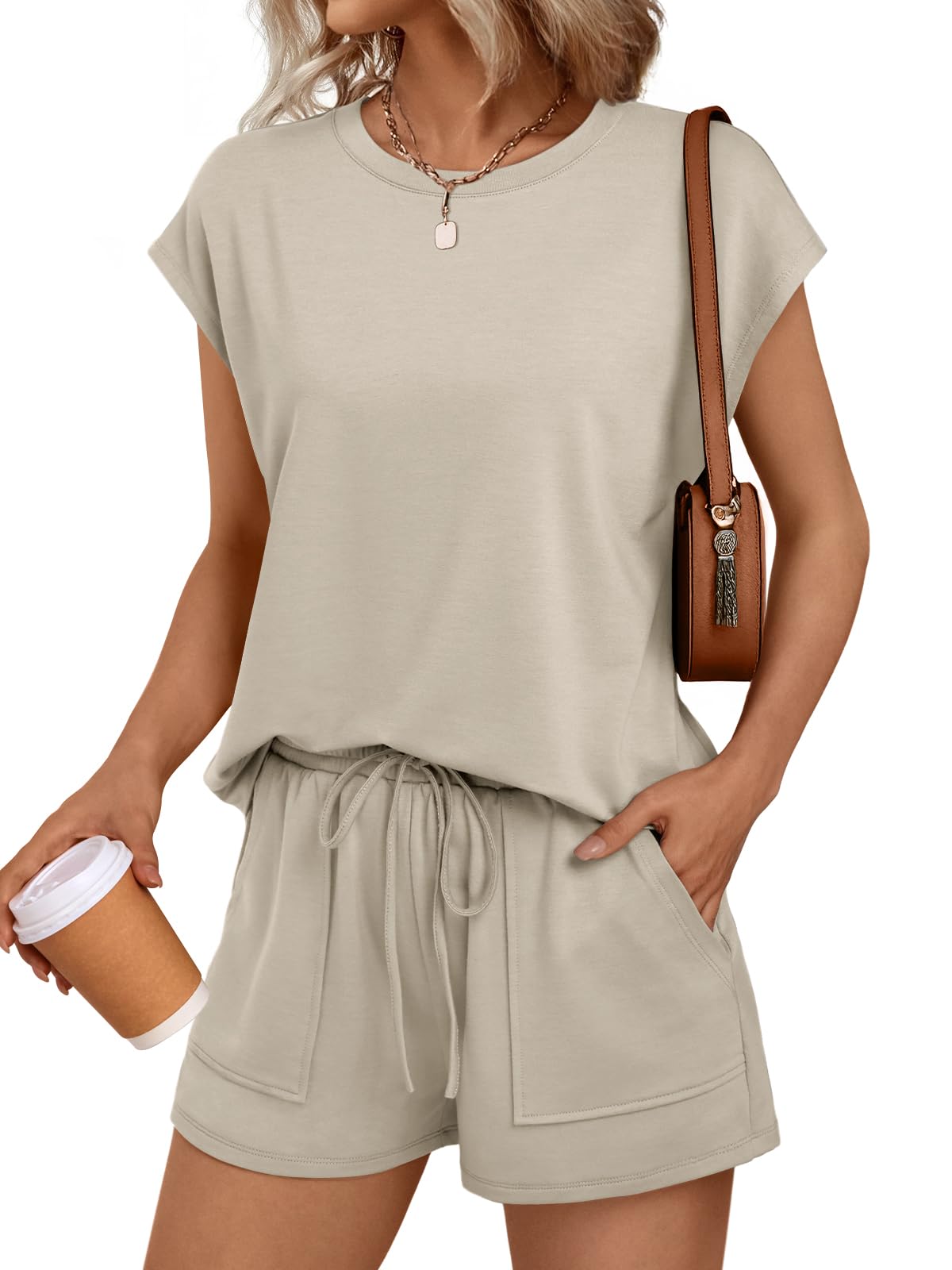 LILLUSORY Womens Crew Neck Cap Sleeve Drawstring Two Piece Summer short Sets Sweatsuit with Pocket