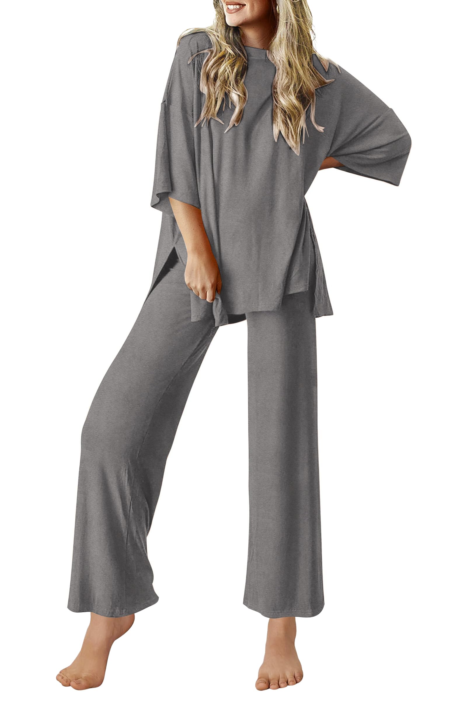 Ekouaer Lounge Sets for Women Short Sleeve Tops and Long Pants Soft Comfy Pajamas Set 2 Piece Outfits S-XXL