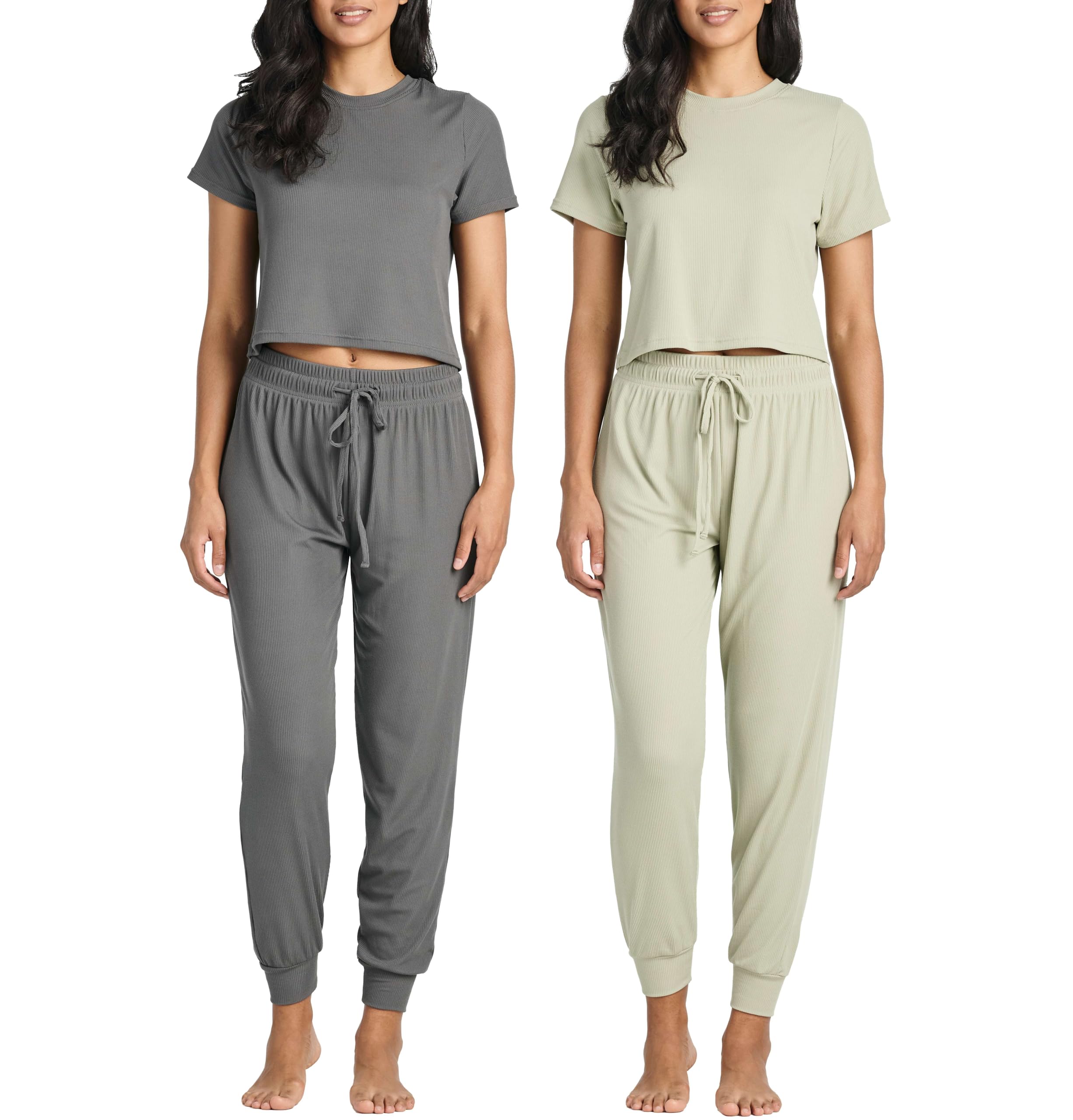 Real Essentials 2 Pack: Women's Ribbed Knit Cropped Short Sleeve Top with Jogger Sweatpants Lounge Set Sleep