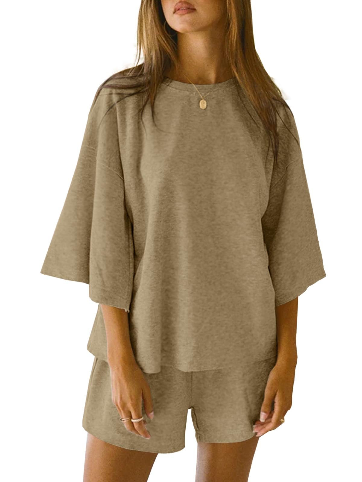 Tankaneo Womens Pajama Sets 3/4 Sleeve Oversized Tops and Elastic Waist Shorts Lounge Sets Loungewear
