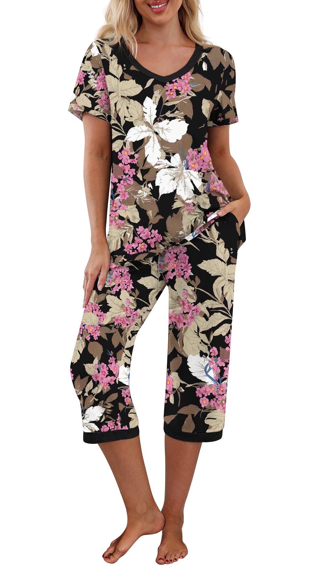 PrinStory Women's Pajama Set Short Sleeve Shirt and Capri Pants Sleepwear Pjs Sets with Pockets