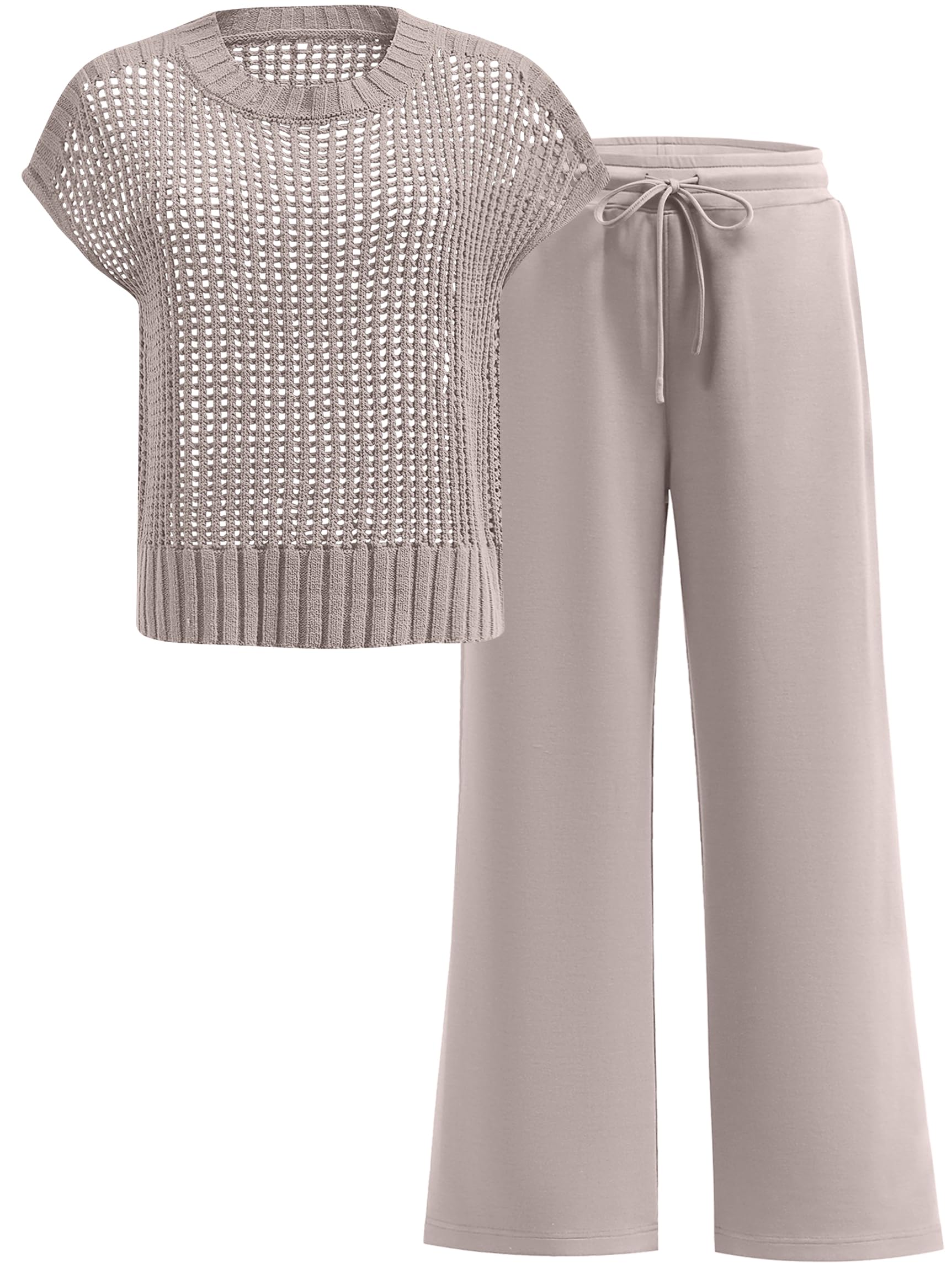 ANRABESS Women Two Piece Outfits Crochet Sheer Knit Sweater Top Wide Leg Pants Lounge Matching Sets Sweatsuit Travel Clothes