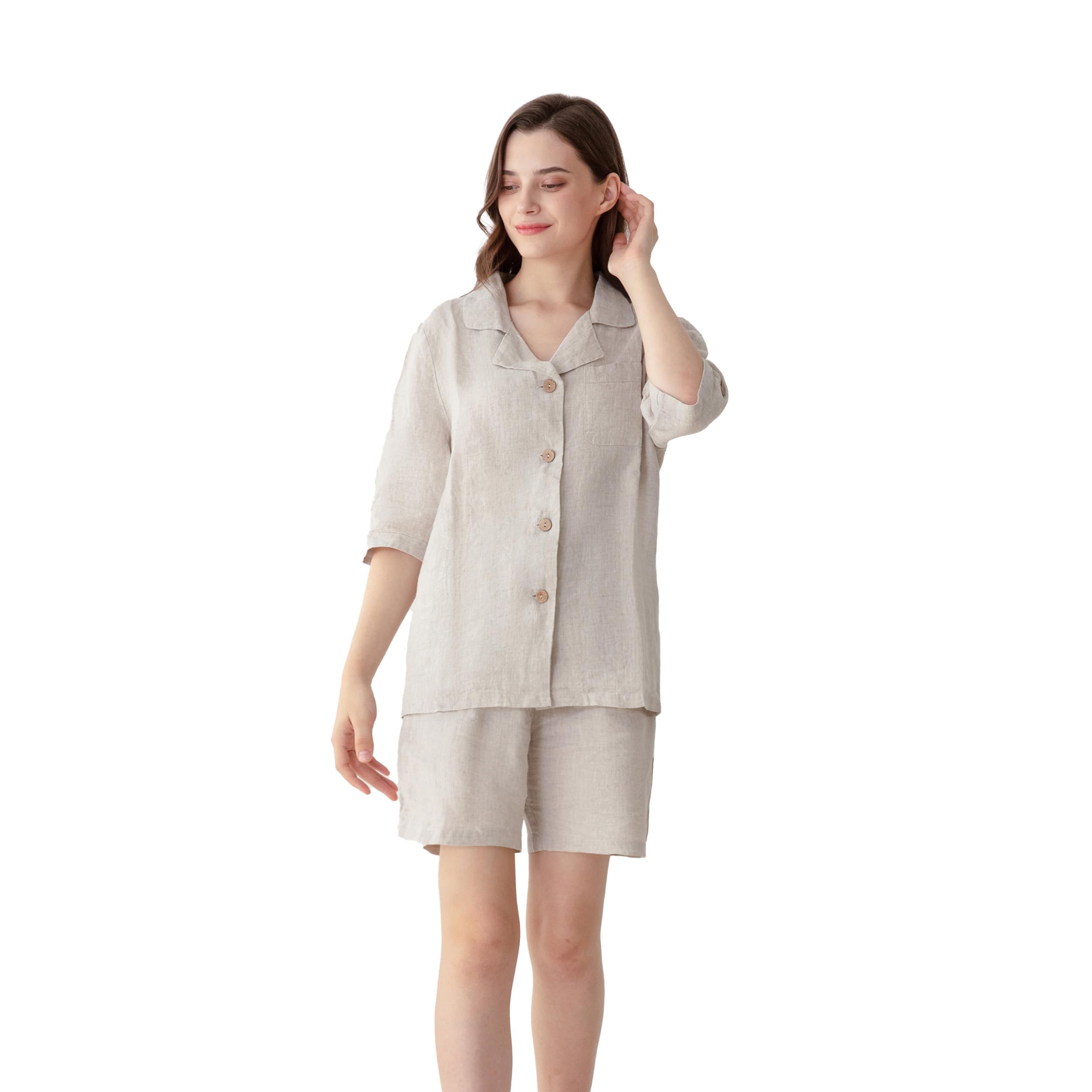 Simple&Opulence Women's 100% Linen Pajama Set Soft Shirt and Pants 2 Pieces Loungewear Slim Fit Soft and Breathable S-L