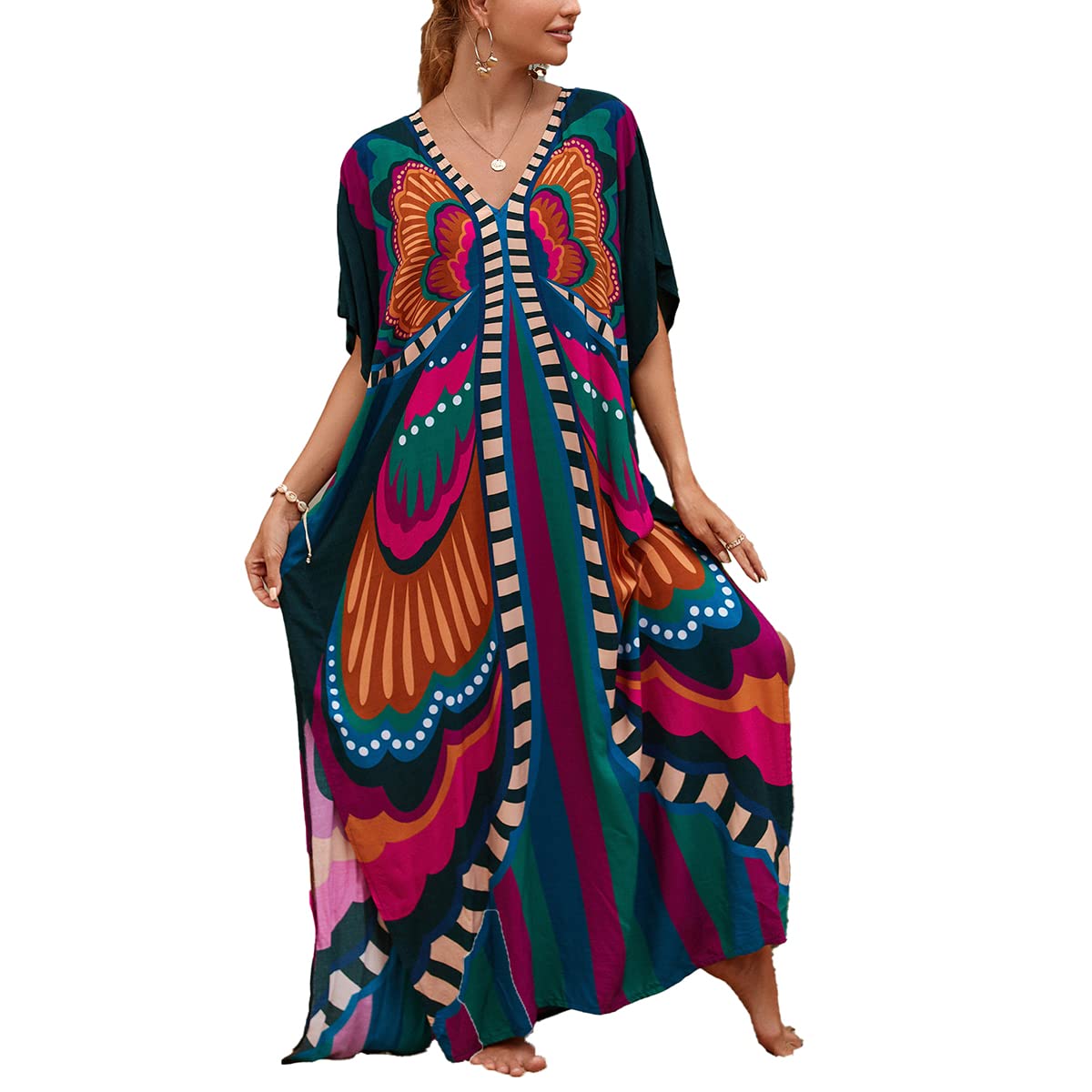 Kaftan Dresses for Women Plus Size Lightweight Swimsuit Cover up Batwing Sleeve Print Loungewear Beach Robe