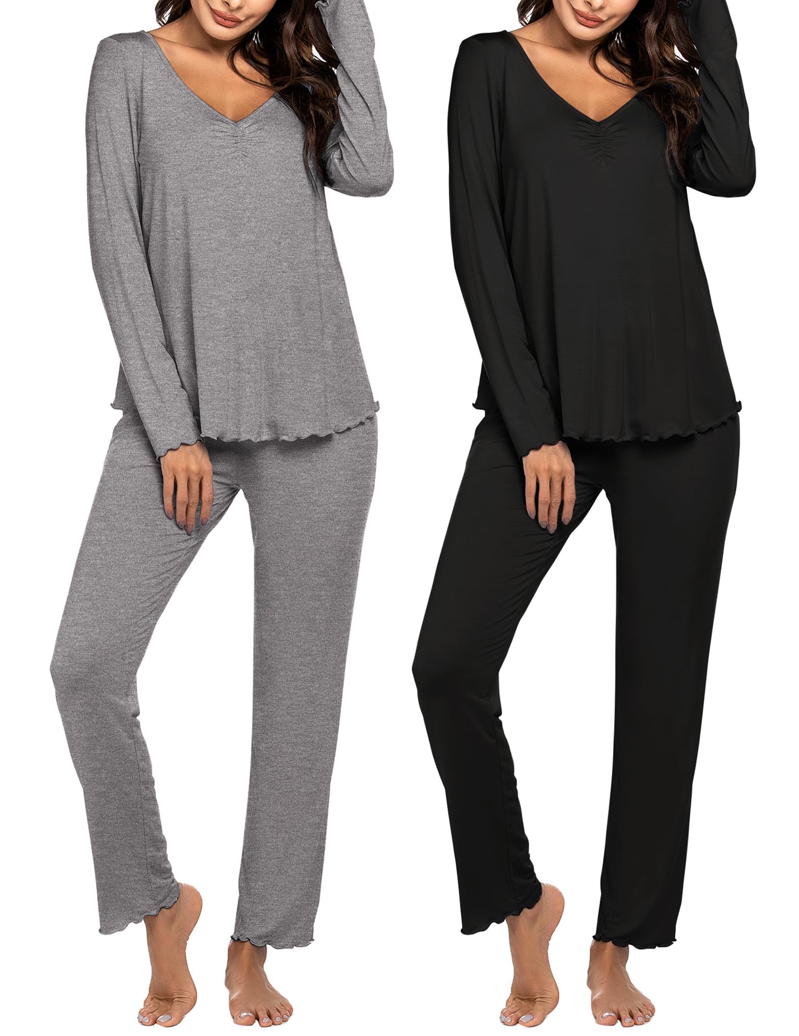 Ekouaer Womens 2 Pack Pajamas Set Long Sleeve Pajamas Top and Pants V Neck Pjs Sets Soft Sleepwear Loungewear S-XXL