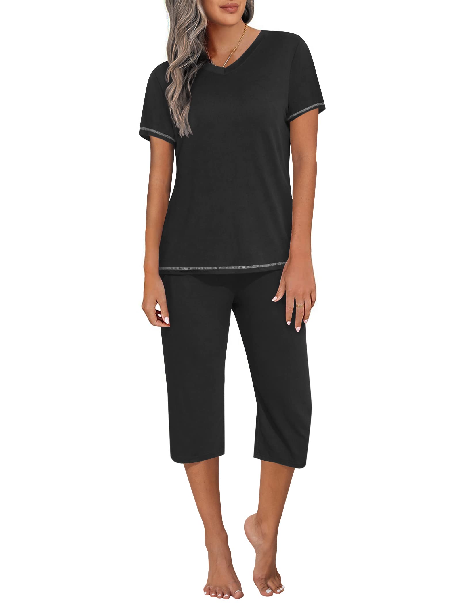 Ekouaer Women's Sleepwear Capri Pajama Sets Short Sleeve Two-Piece Pjs V Neck Tops & Capri Pants with Pockets S-3XL