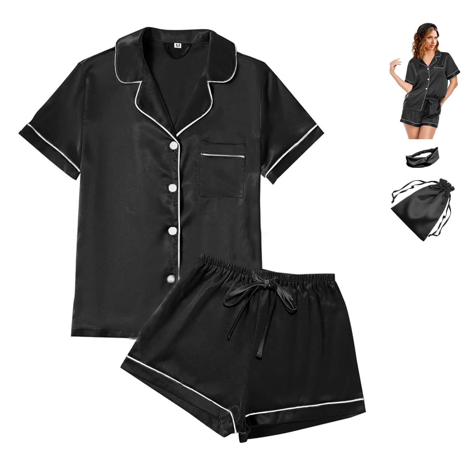 4Pcs Womens Satin Silky Pajama Sets Short Sleeve Shirt XS-4XL Floral Pajamas Set Soft PJ Loungewear Sleepwear