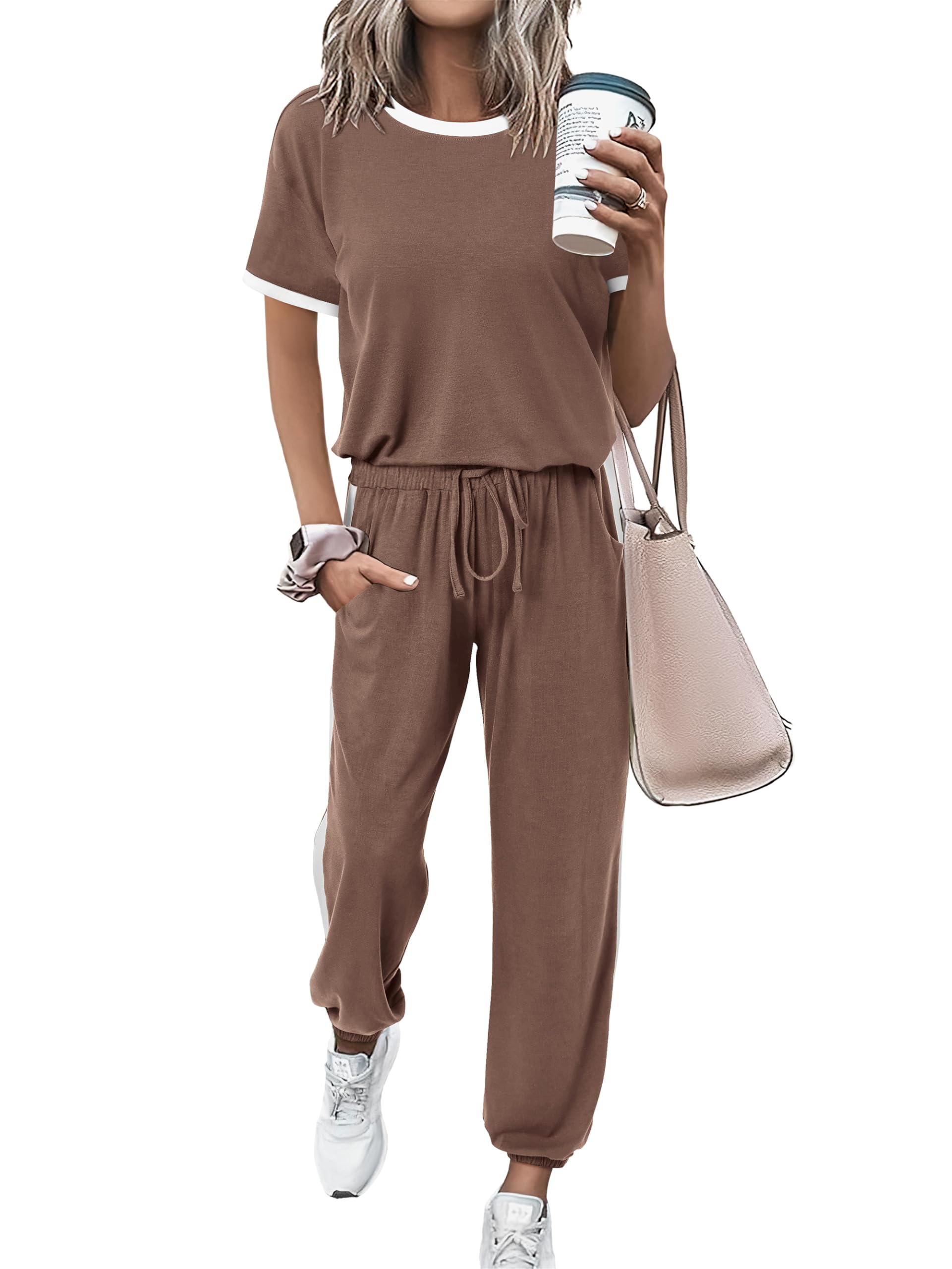 MASCOMODA Womens 2 Piece Outfits 2025 Summer Tracksuit Sets Short Sleeve Tops Travel Long Pants Jogger Lounge Set