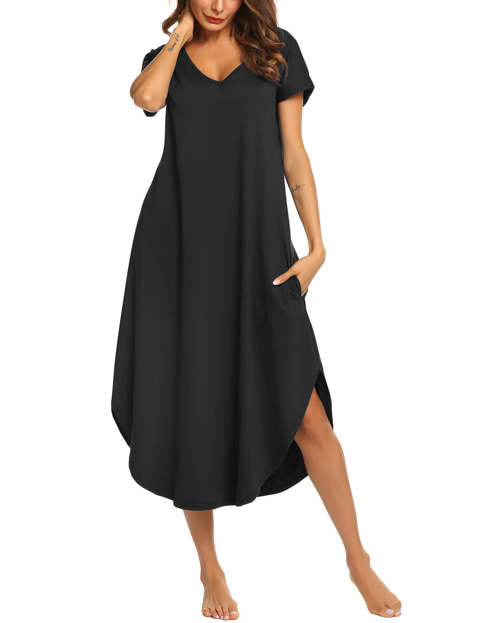 Ekouaer Nightgowns for Women V Neck Nightshirts Short Sleeve Soft Sleepwear Side Split Pockets Long Nightdress