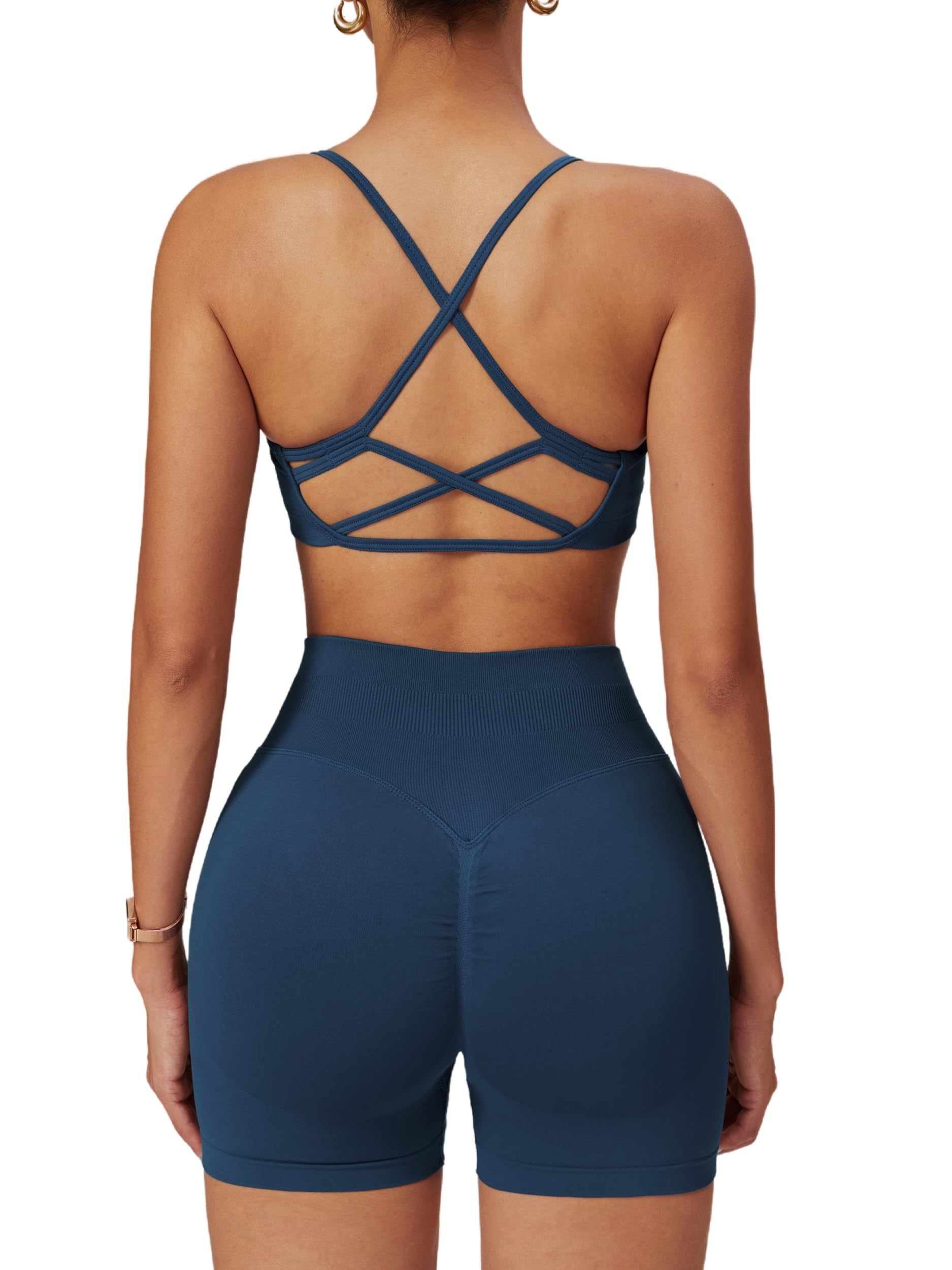 ABOCIW 2 Piece Seamless Workout Sets for Women Scoop Neck Strappy Sports Bra Scrunch Butt Lifting Gym Impact Shorts
