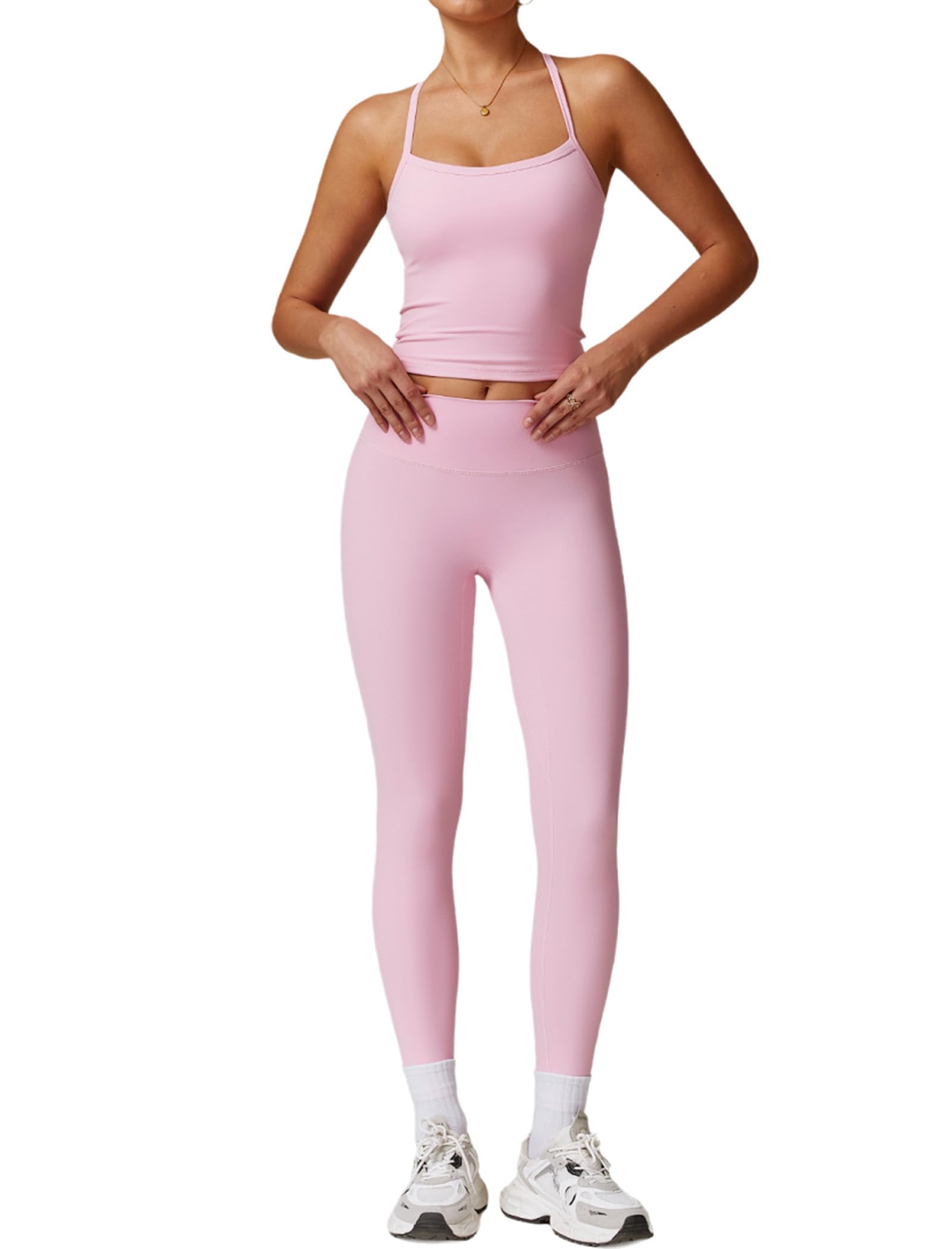 Womens Workout Sets Two Piece Cross Back Tank Top Matching High Waist Leggings Sets Gym Outfits Work Out Clothes
