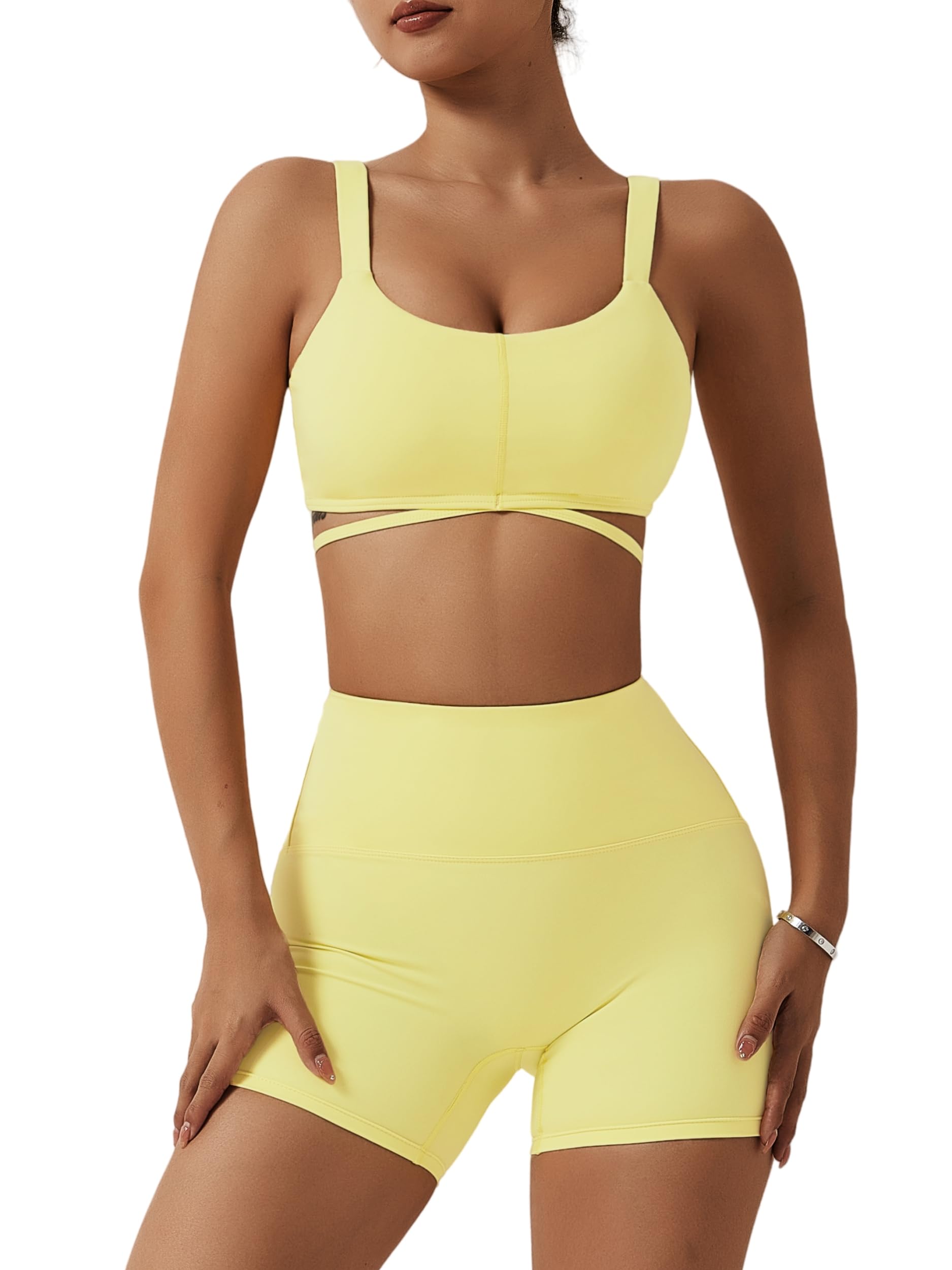 ABOCIW Workout Sets for Women 2 Piece Twist Front Halter Sports Bras High Waist Biker Shorts Exercise Gym Yoga Outfit