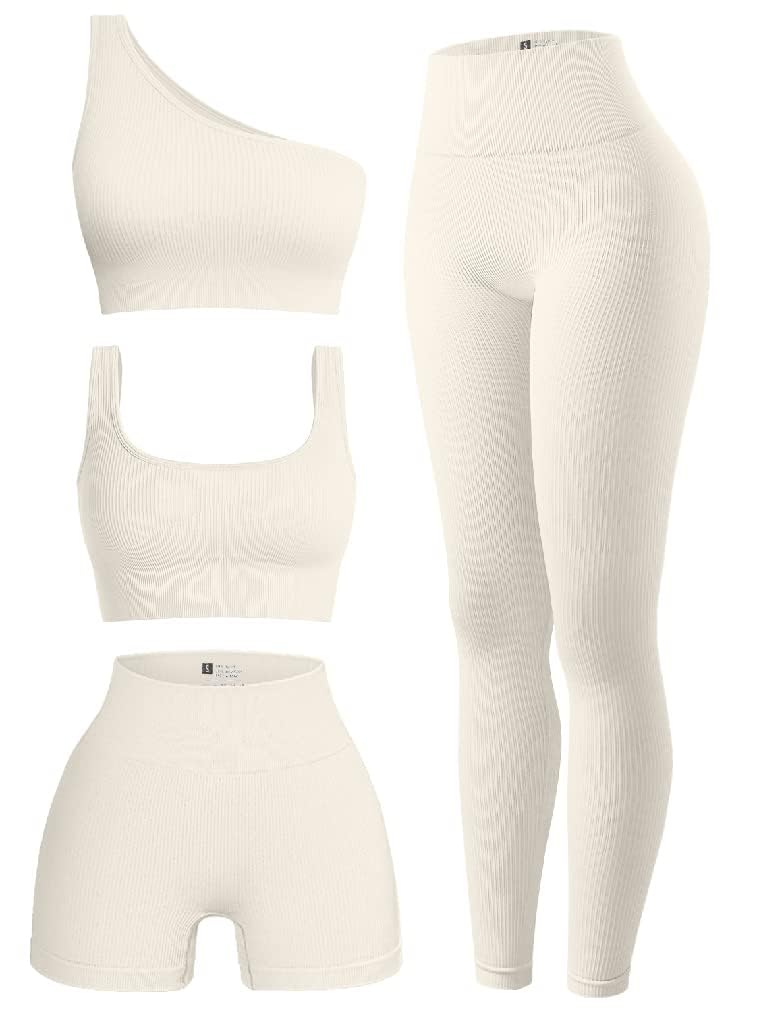 OQQ Women's 4 Piece Outfits Ribbed Exercise Scoop Neck Sports Bra One Shoulder Tops High Waist Shorts Leggings Active Set