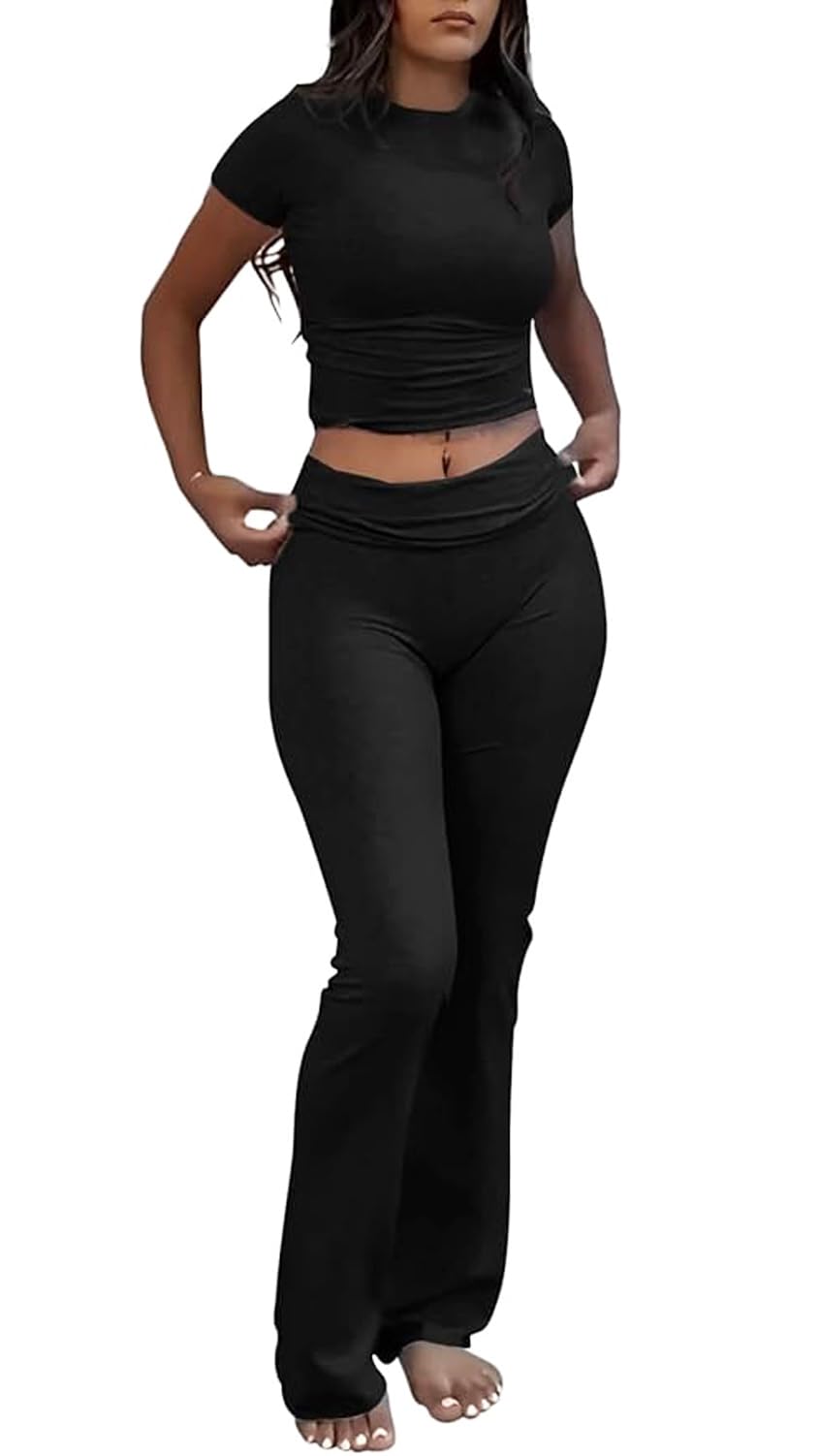 Women's 2 Piece Lounge Outfits Slim Short Sleeve Tops Low Rise Flare Leggings Sets Yoga Sweatsuit