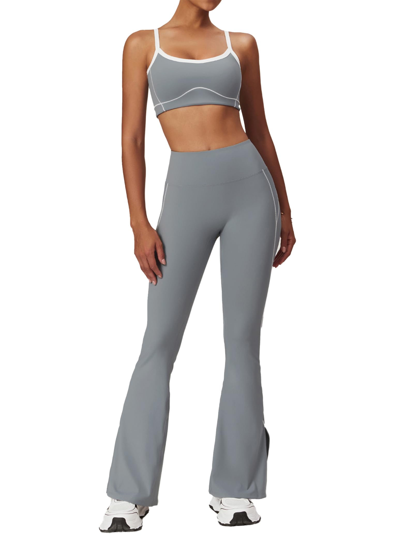 Yoga sets for women 2 piece Fashion contrasting lines Sports Bra and High Wasit Split hem Flared Leggings