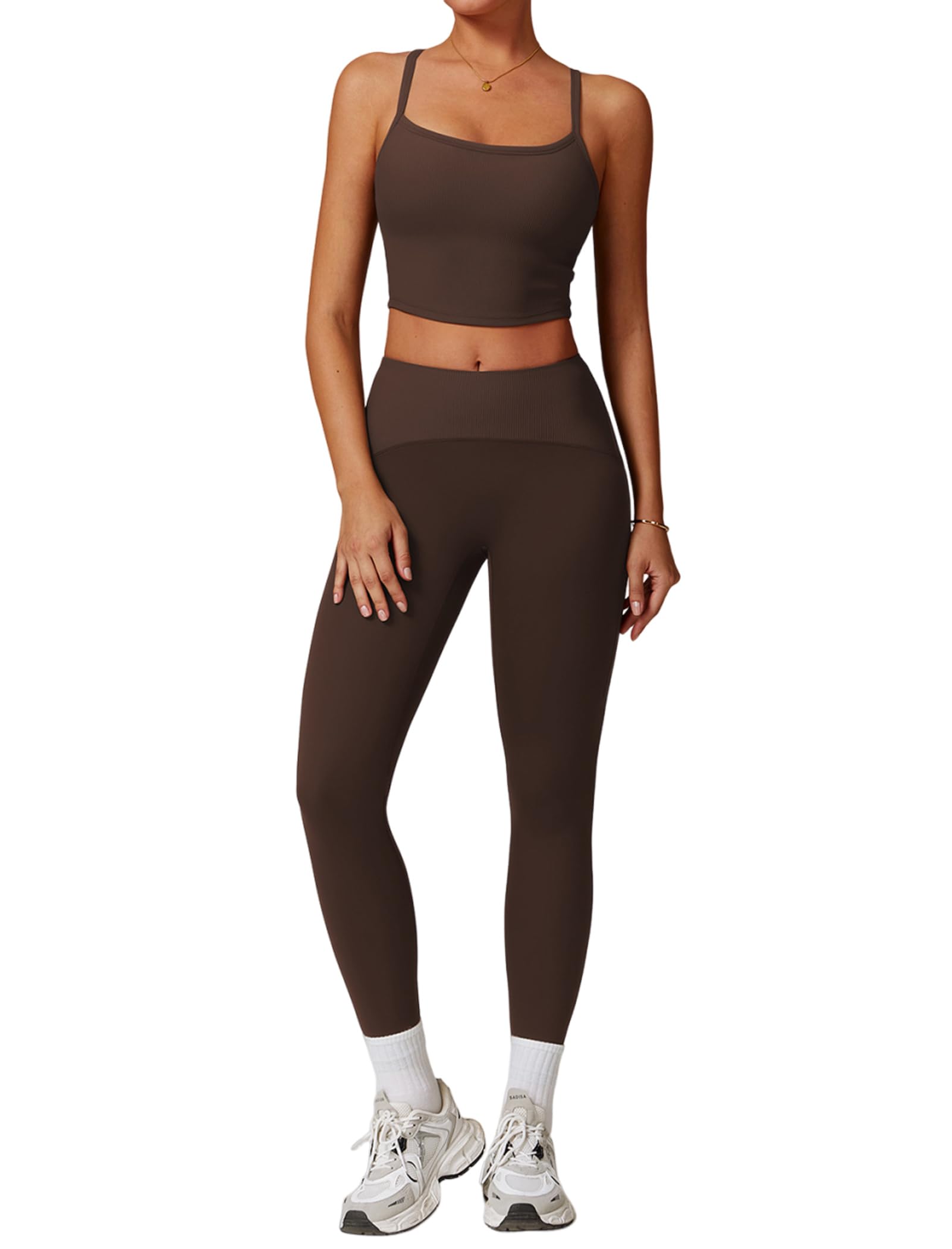 Womens Workout Sets 2 Piece Cross Back Tank Top Matching High Waist Leggings Sets Gym Outfits Work Out Clothes