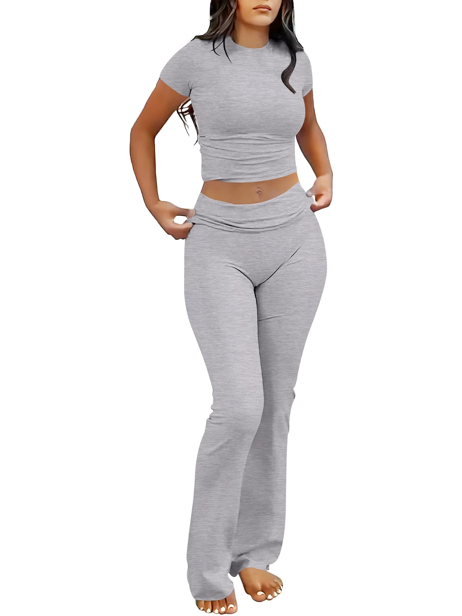 ANRABESS Lounge Sets for Women 2 Piece Foldover Yoga Flare Leggings Pants Crop Tops Casual Y2K Outfits Matching Tracksuit Set