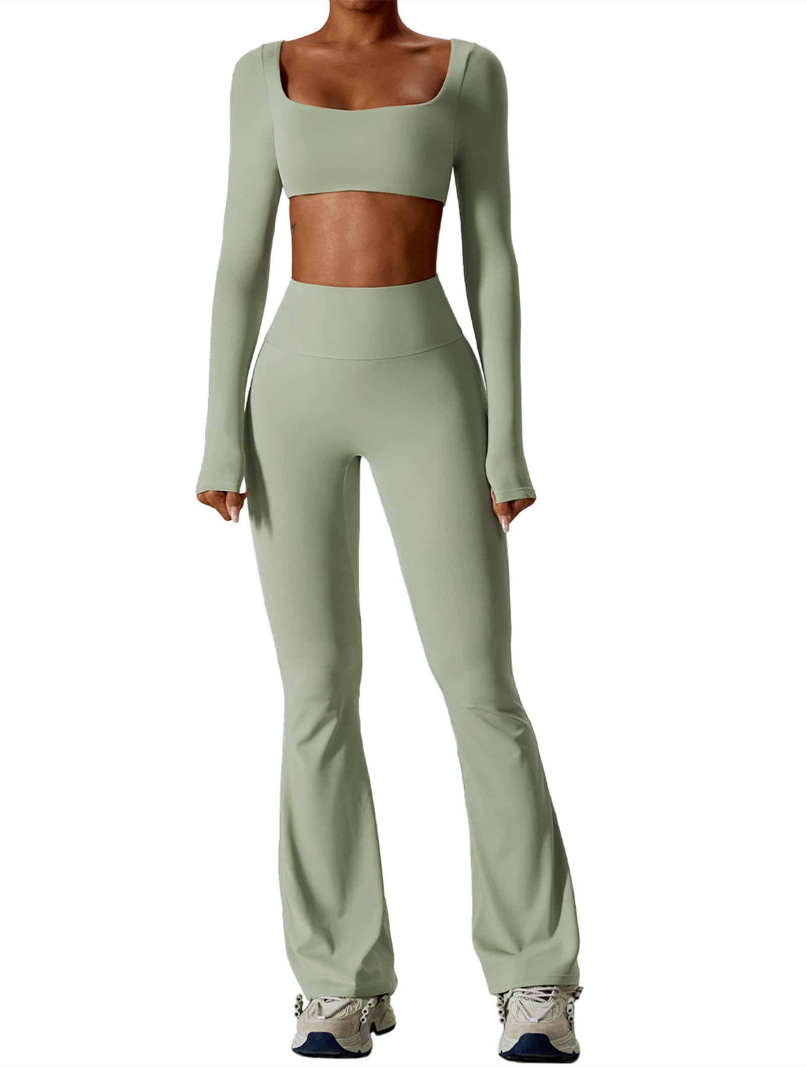 ABOCIW Workout Sets for Women 2 Piece Square Neck Long Sleeve Crop Tops High Waist Flared Leggings Gym Sets