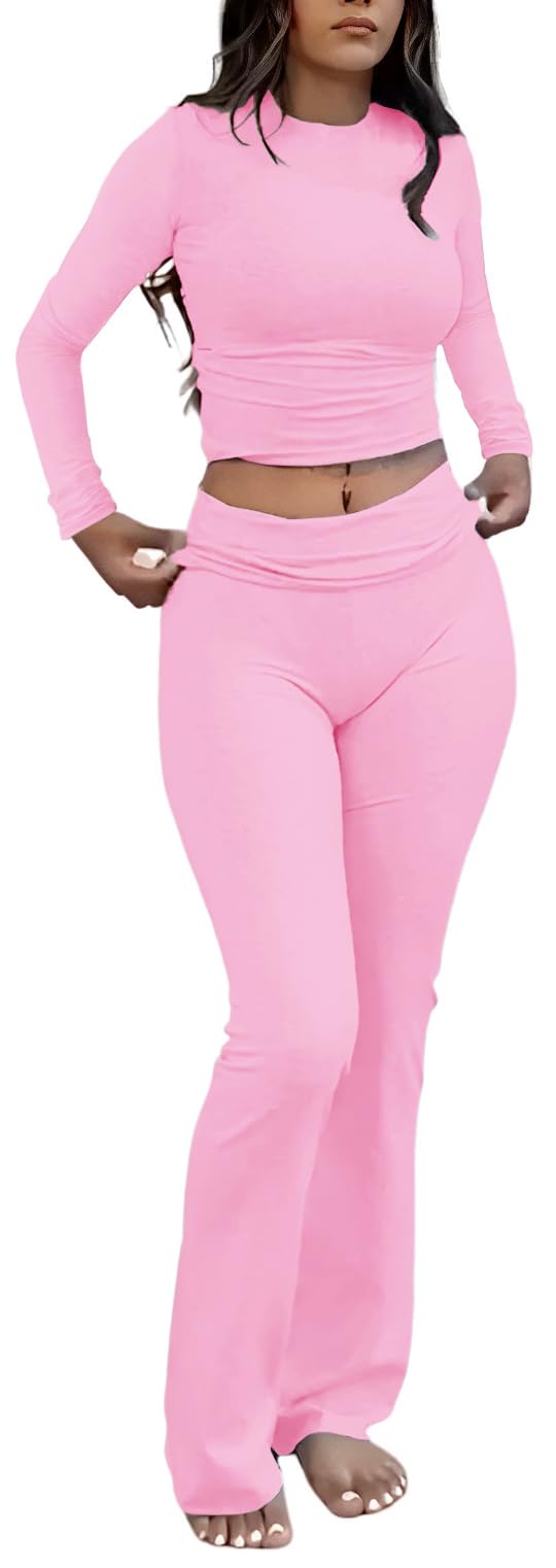 ZFLM Casual Workout Two Piece Outfits Long Sleeve High Waist Fold-Over Flared Leggings Pants Tracksuit Sets Streetwear