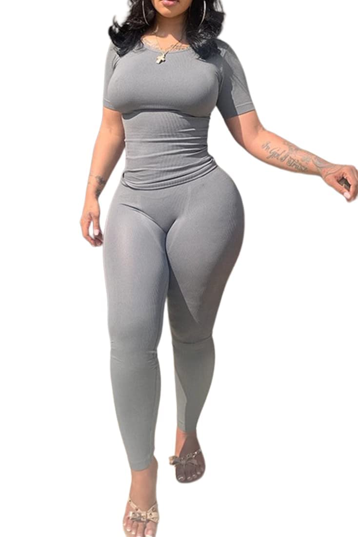 Casual Workout 2 Piece bodycon casual outfit Women Ribbed Set Short Sleeve Elastic Leggings LoungeWear activewear
