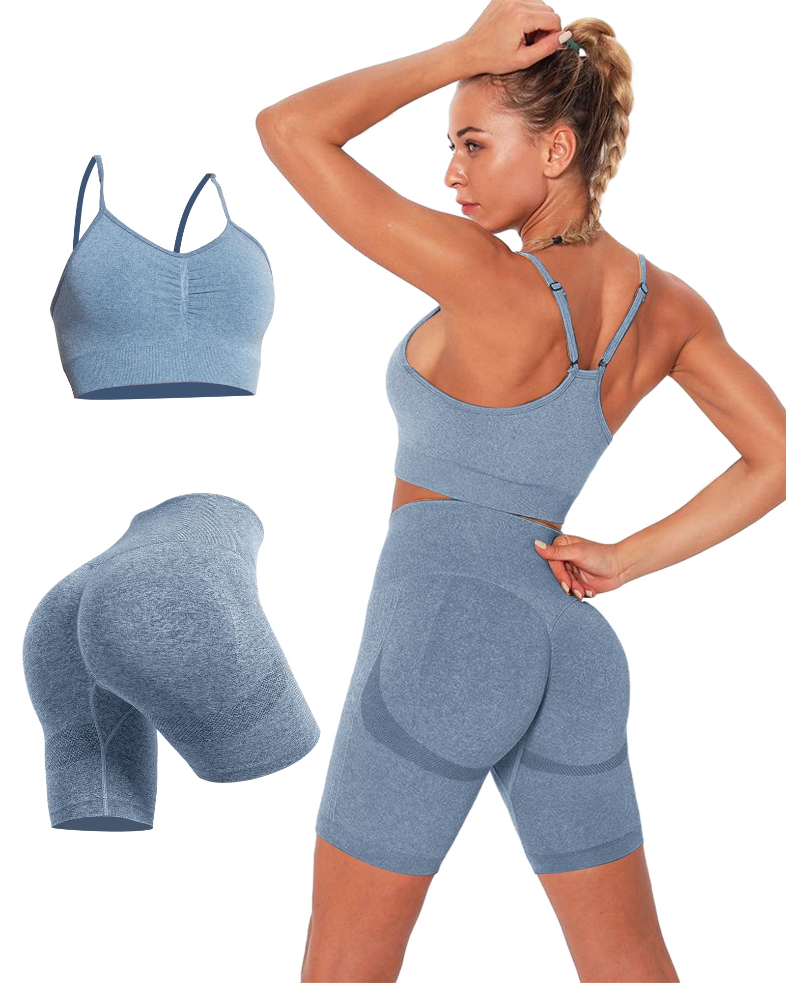 Womens 2 Piece Seamless Workout Sets Butt Lifting Shorts with Padded Stretchy Sports Bra Jogging Yoga Gym Outfits