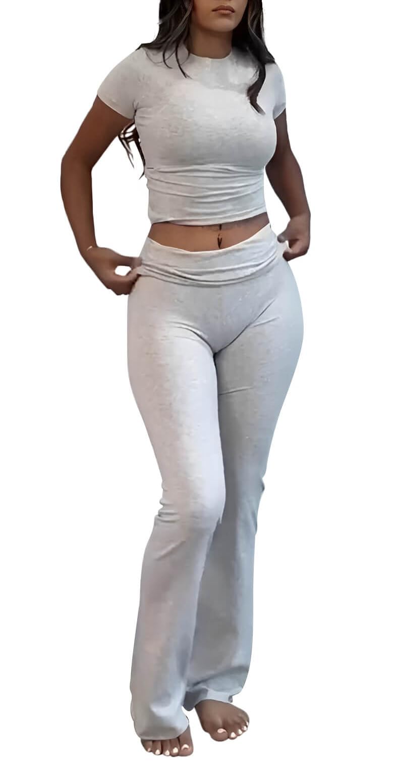 AYWA Women's 2 Piece Lounge Sets Short Sleeve Crop Top Foldover Flare Pants Casual Pajama Outfits