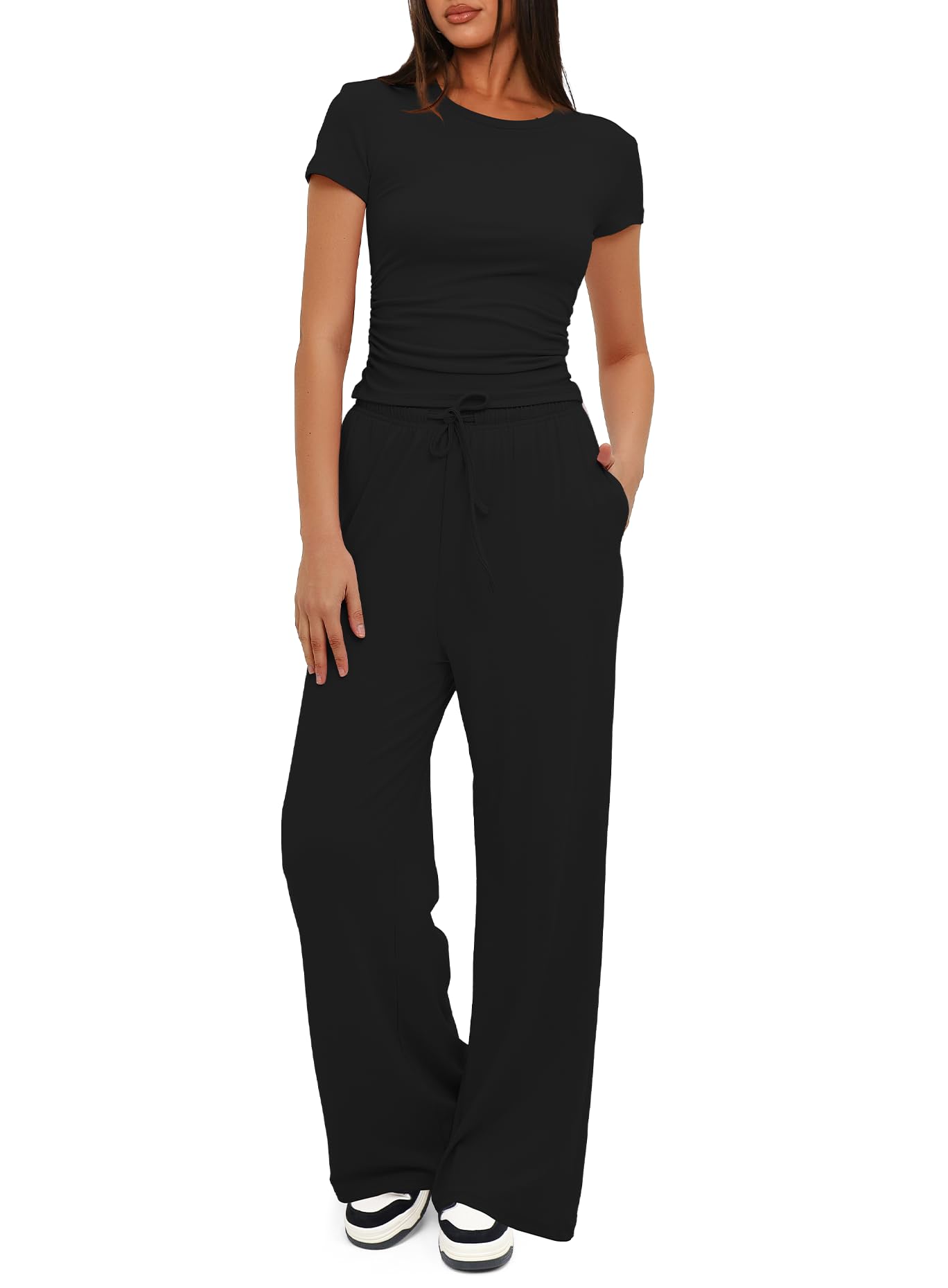 Darong Women's 2 Piece Outfits Lounge Sets Ruched Short Sleeve Tops High Waisted Wide Leg Pants Tracksuit Sets