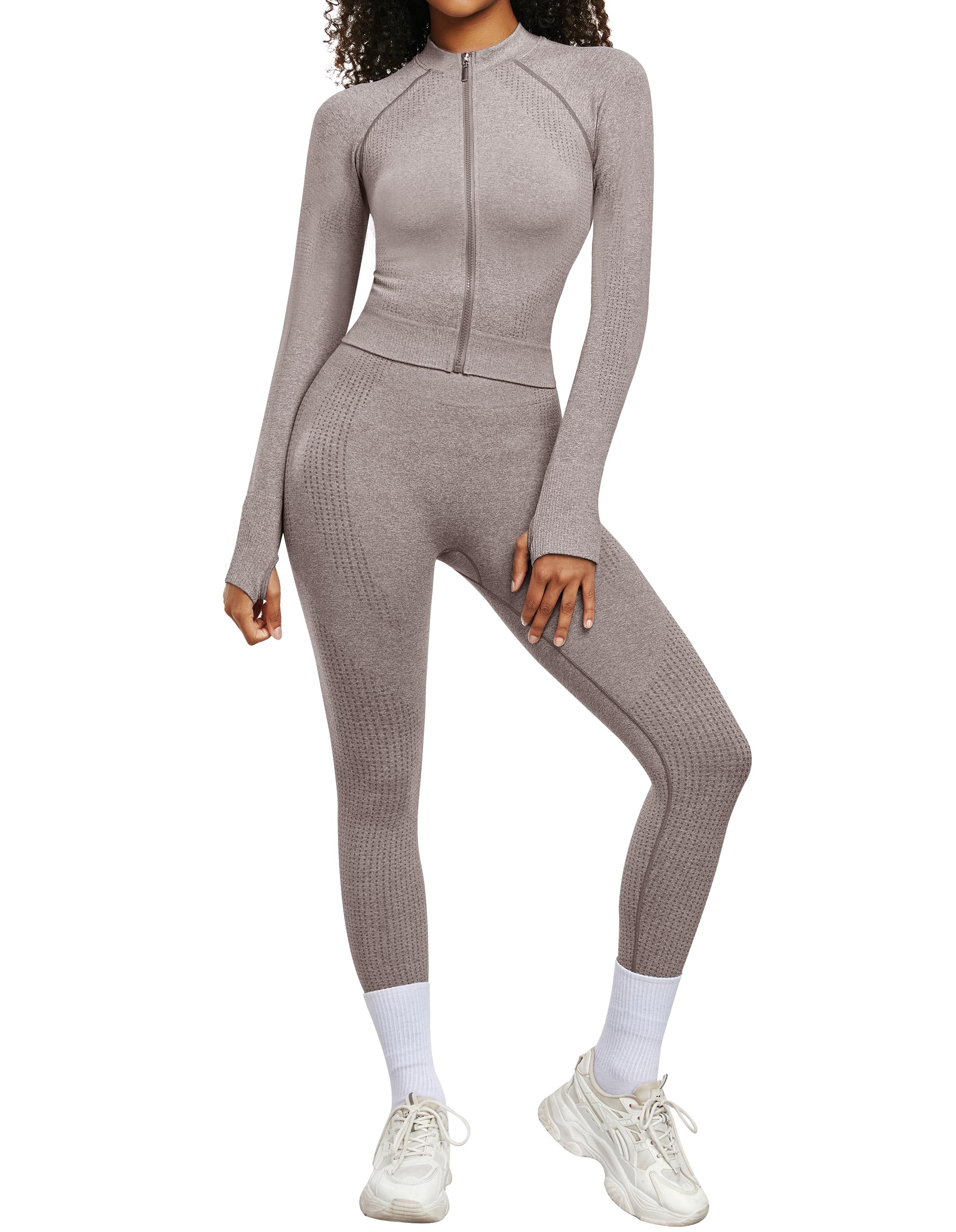 OLCHEE Womens Workout Sets 2 Piece - Seamless Yoga Outfits Long Sleeve Zipper Jacket High Waist Leggings Butt Lifting Gym Set