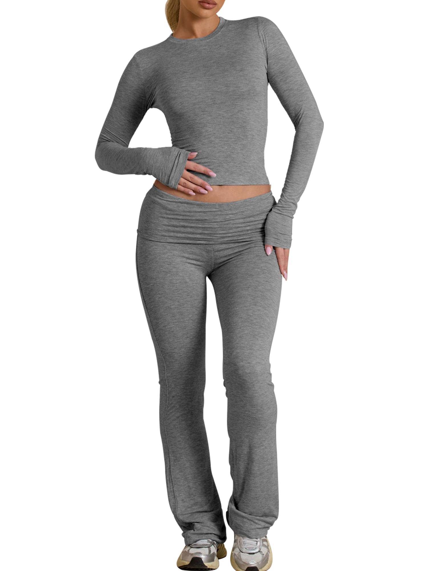 BORIFLORS Women's Workout 2 Piece Lounge Sets Long Sleeve Tops Foldover Flare Pants Casual Outfits Tracksuit