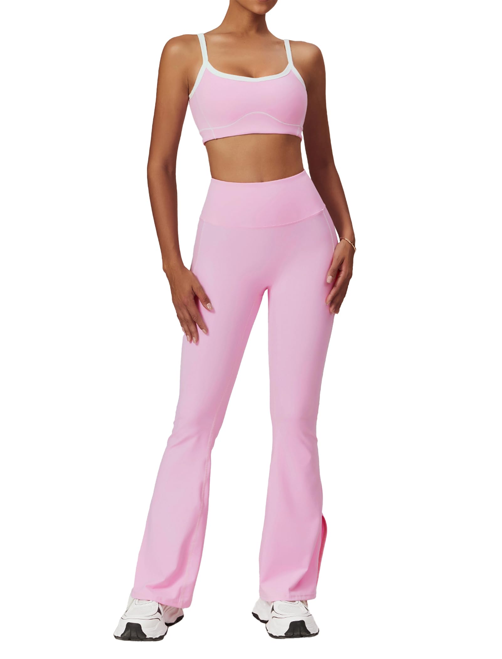 Yoga sets for women 2 piece Fashion contrasting lines Sports Bra and High Wasit Split hem Flared Leggings