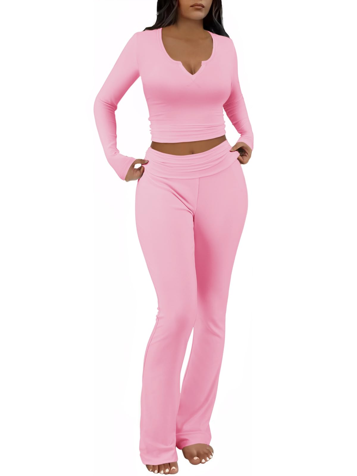 FAIRY SEASON Womens 2 Piece Lounge Sets Slim Fit V Neck Long Sleeve Top Fold Over Yoga Flare Pants Pajamas Loungewear Outfits
