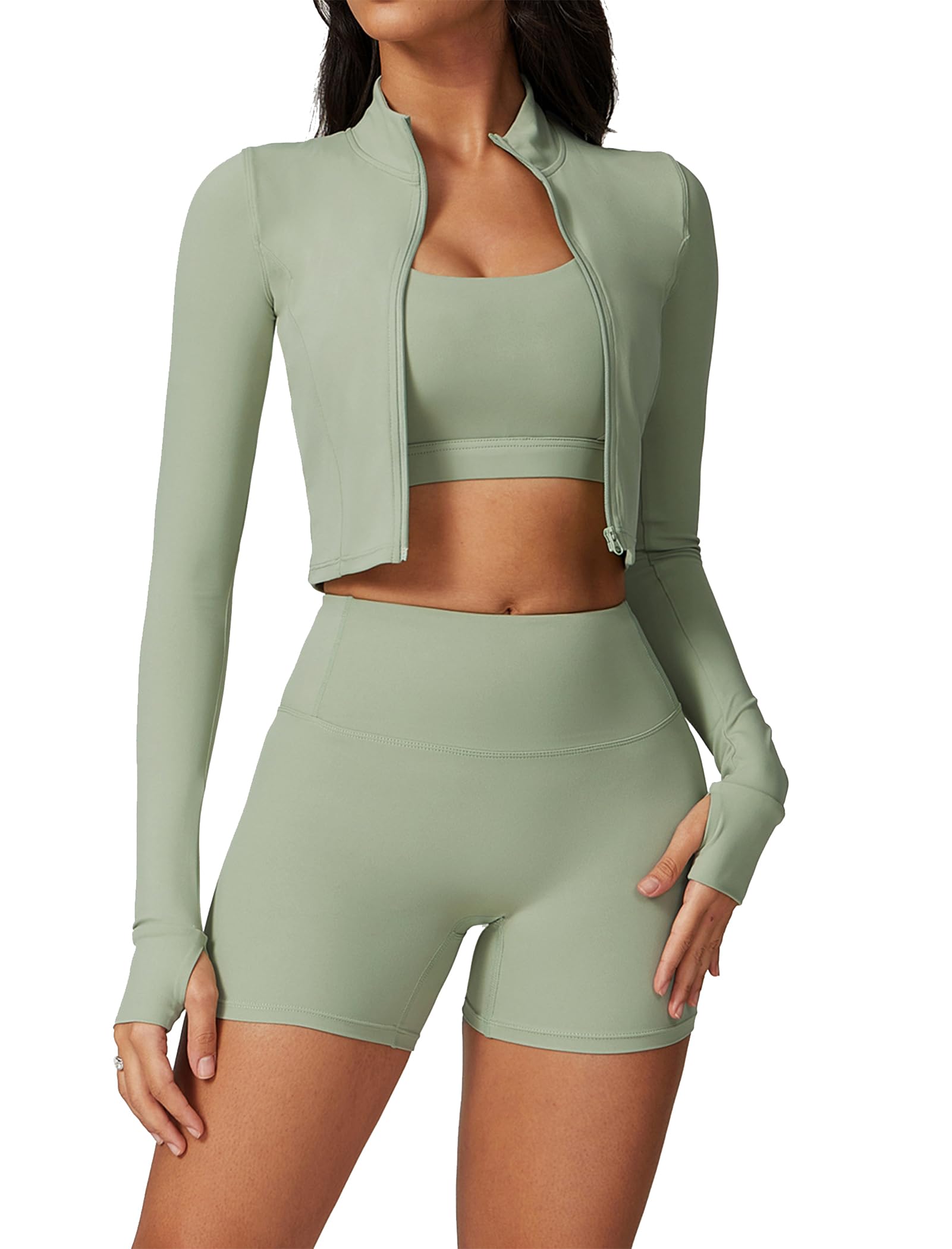 Workout Sets for Women 3 Piece High Waisted Seamless Shorts Crop Top Jacket Gym Yoga Outfit Stretchy Sports Bra Sets