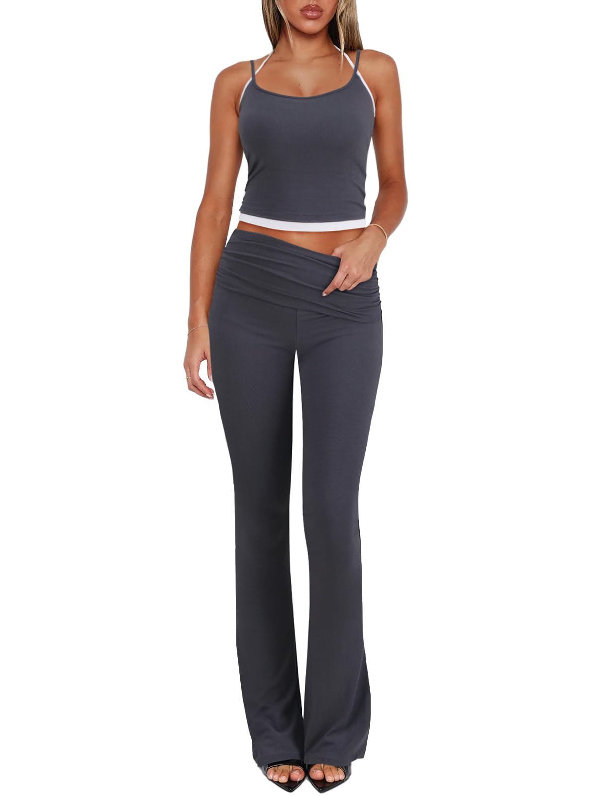 Women's 2 Piece Sets Casual Summer Outfits Spaghetti Strap Crop Tank Fold Over Yoga Flare Pants Comfy Loungewear