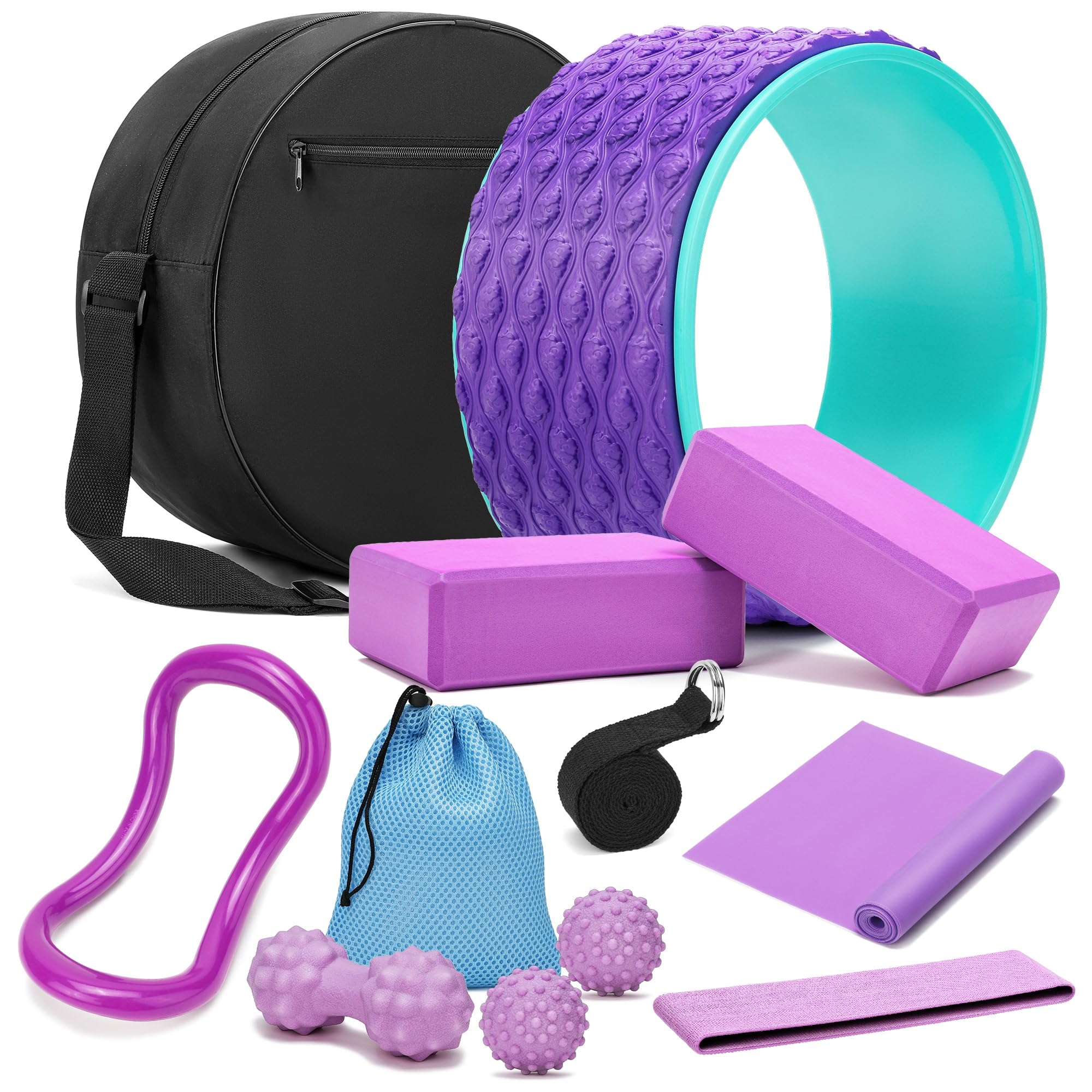 Yoga Wheel 12 in 1 Set with Back Cracker Roller for Pain Relief & Deep Tissue Massage, Yoga Blocks 2 Pack with Strap, Yoga Accessory for Stretching Equipment, Yoga Starter Kit for Beginner