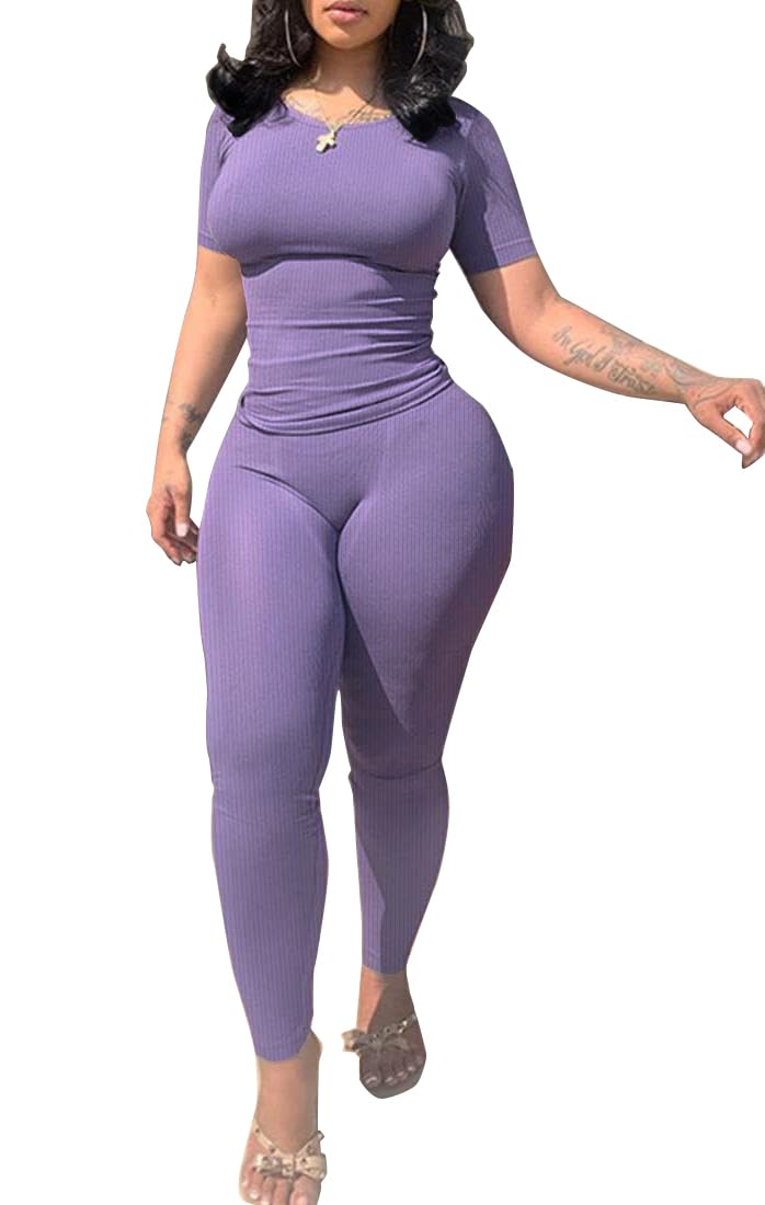 PINSV Women 2 Piece Outfits Legging Sets Fitted Crew Neck T-shirt High Waist Legging Pants Matching Sets Workout Streetwear