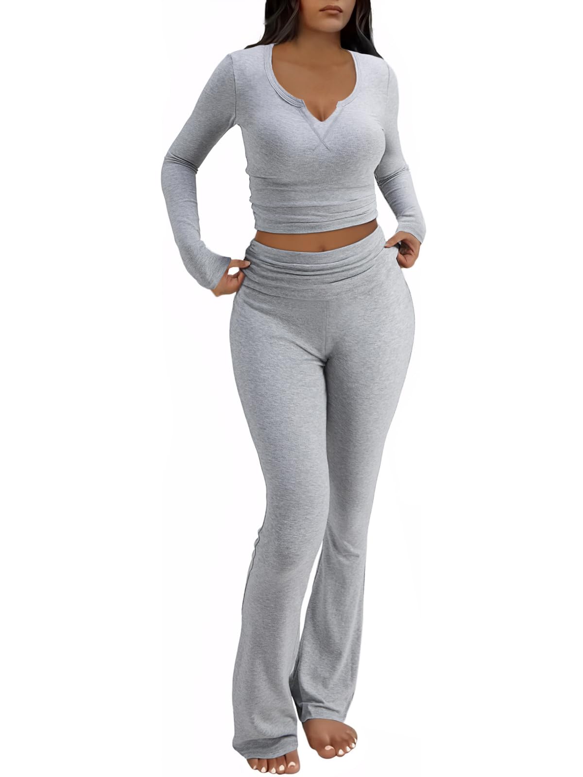 FAIRY SEASON Womens 2 Piece Lounge Sets Slim Fit V Neck Long Sleeve Top Fold Over Yoga Flare Pants Pajamas Loungewear Outfits