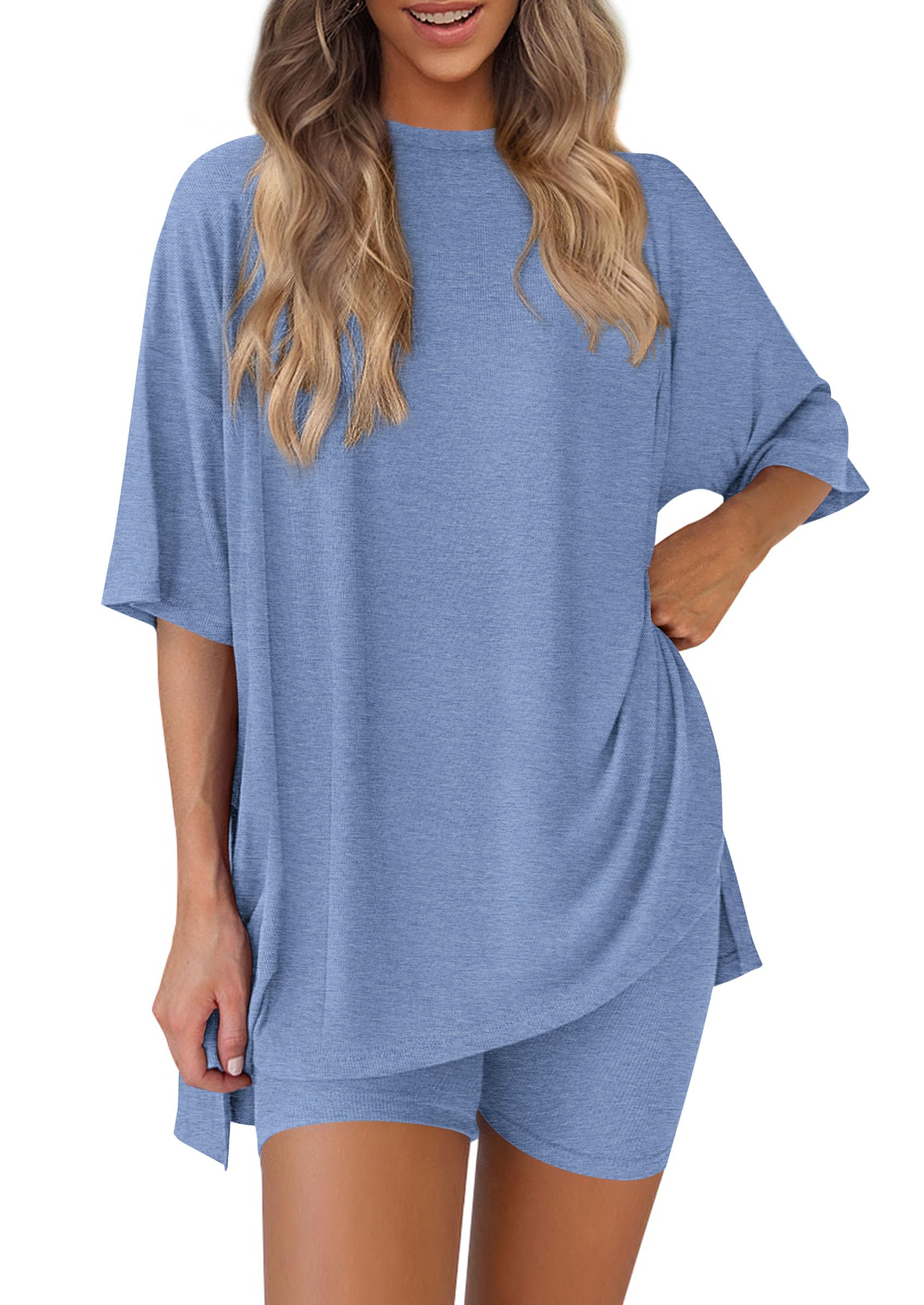 PRETTYGARDEN Women's Two Piece Lounge Set 2025 Summer Casual Oversized Shirts Biker Shorts Matching Airport Travel Outfit