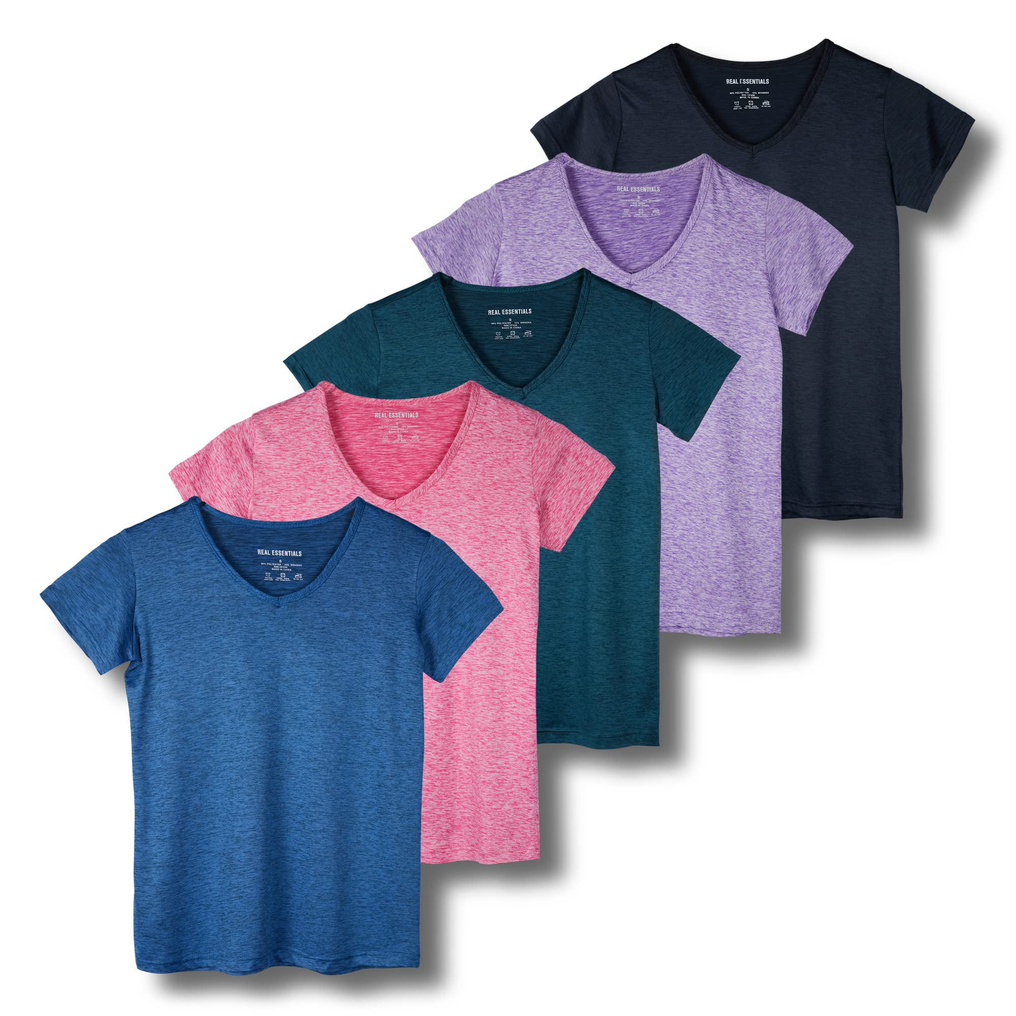 Real Essentials 5 Pack: Women's Short Sleeve V-Neck Activewear T-Shirt Dry-Fit Wicking Yoga Top (Available in Plus)