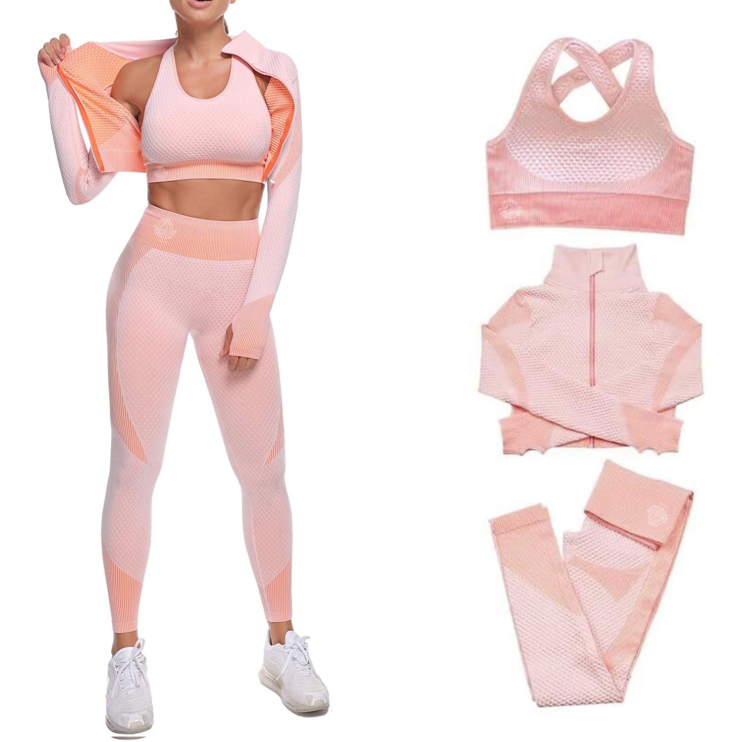 Women's 3 PC Seamless Gym Clothing Workout Outfit with Jacket Bra & Leggings Set