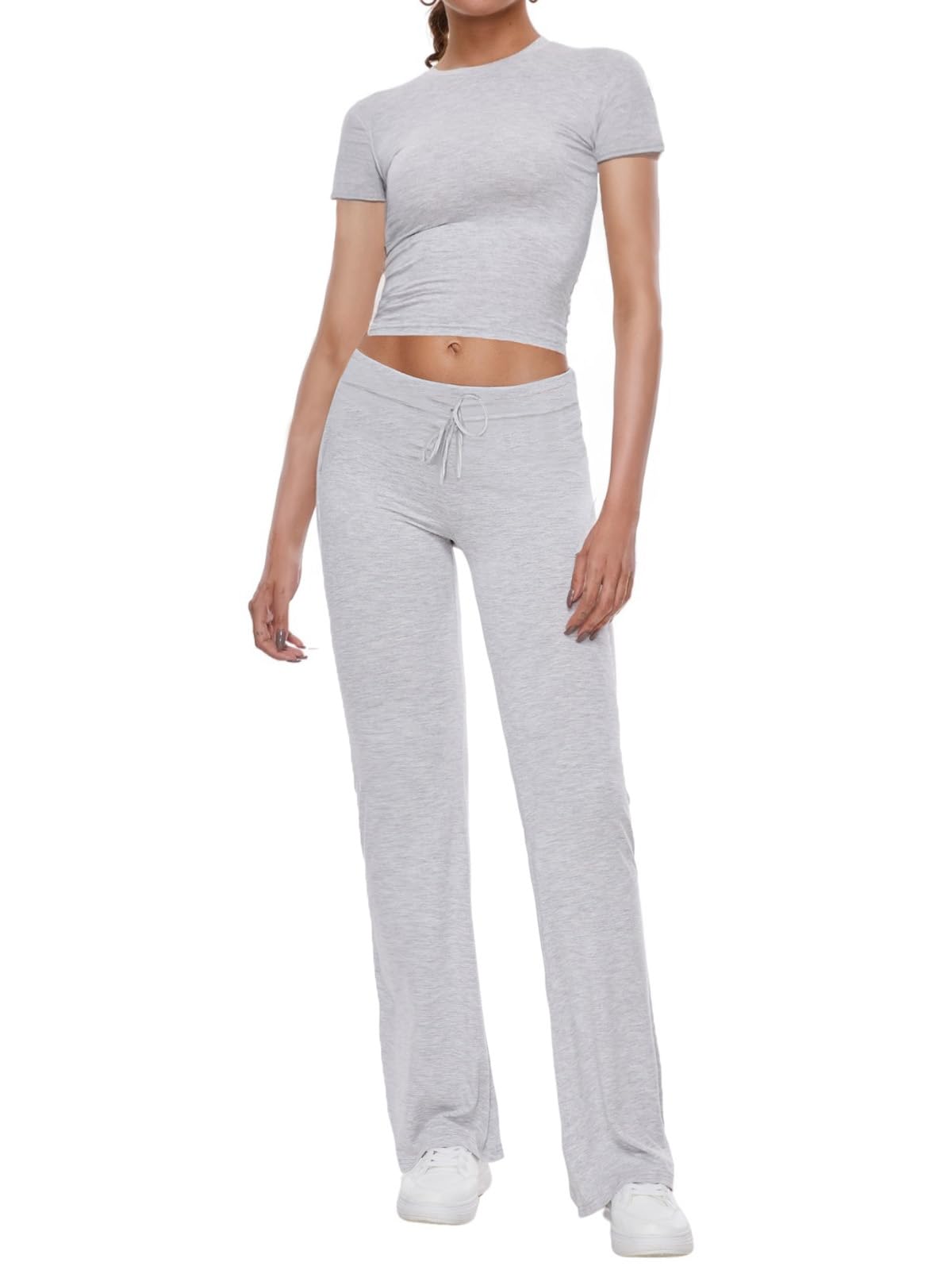AnotherChill Women's 2 Piece Lounge Sets Straight Leg Pants Set Short Sleeve Crop T-shirt Casual Outfits Comfy Loungewear