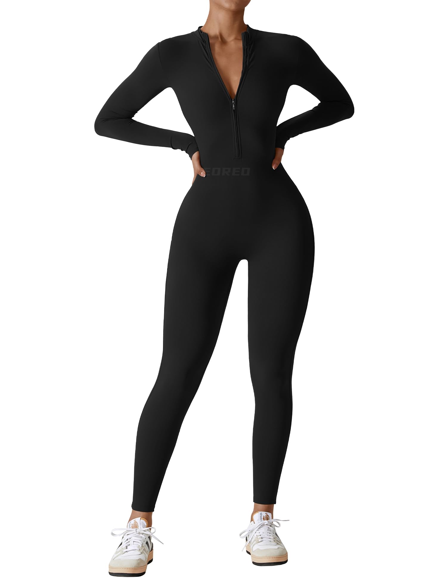 YEOREO Women Long Sleeve Workout Jumpsuit Zip Up Romper Bottom Pants Bodysuit Bodycon Sexy One Piece