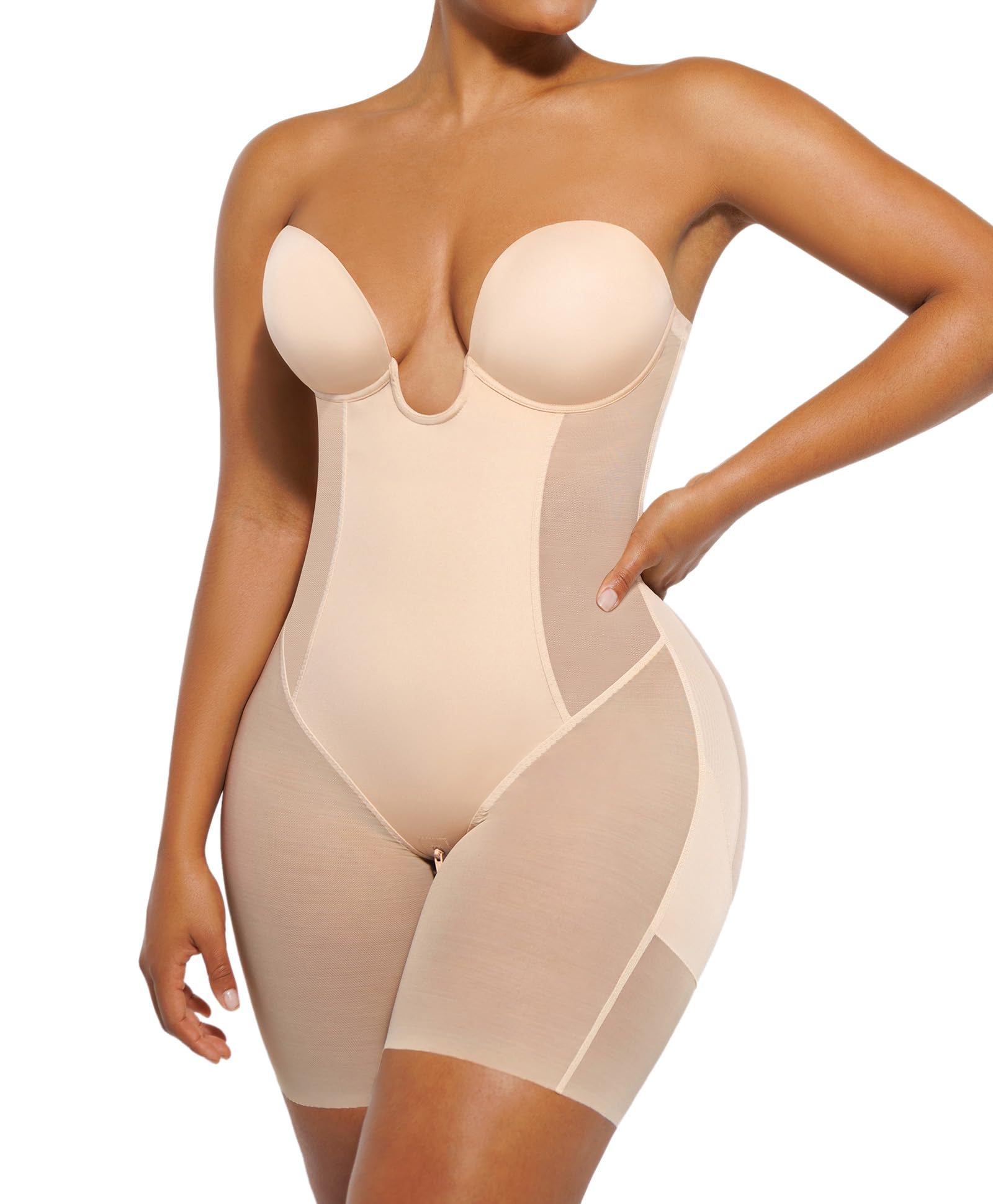 SHAPELLX Strapless Shapewear for Women Deep Plunge Corset Tummy Control Backless Bodysuit Mid Thigh Full Body Shaper
