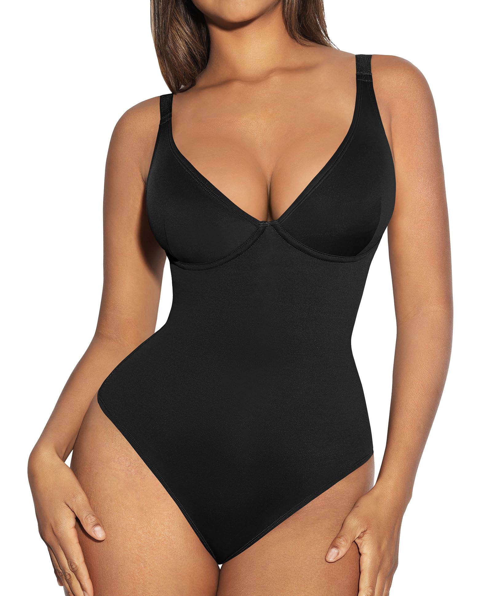 FeelinGirl Shapewear Bodysuits for Women Tummy Control Body Suits Deep V Neck Thong Body Shaper