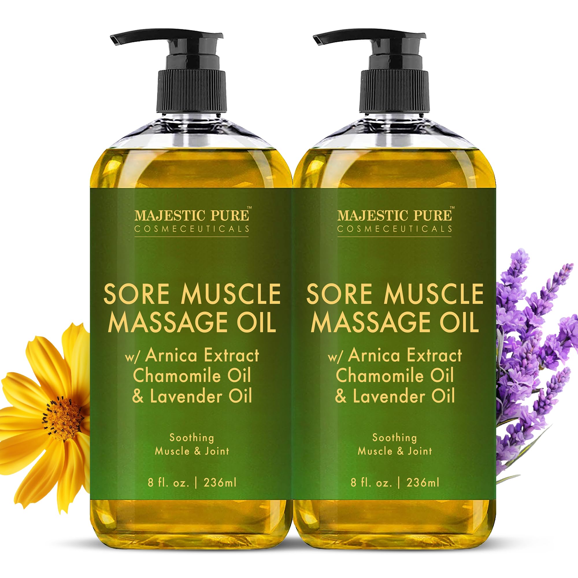 Majestic Pure Arnica Sore Muscle Massage for Massage Therapy - Natural Oil with Lavender and Chamomile Essential Oils - Multipurpose Instant Absorption Full Body Massage Oil - 8 Fl Oz (Pack of 2)