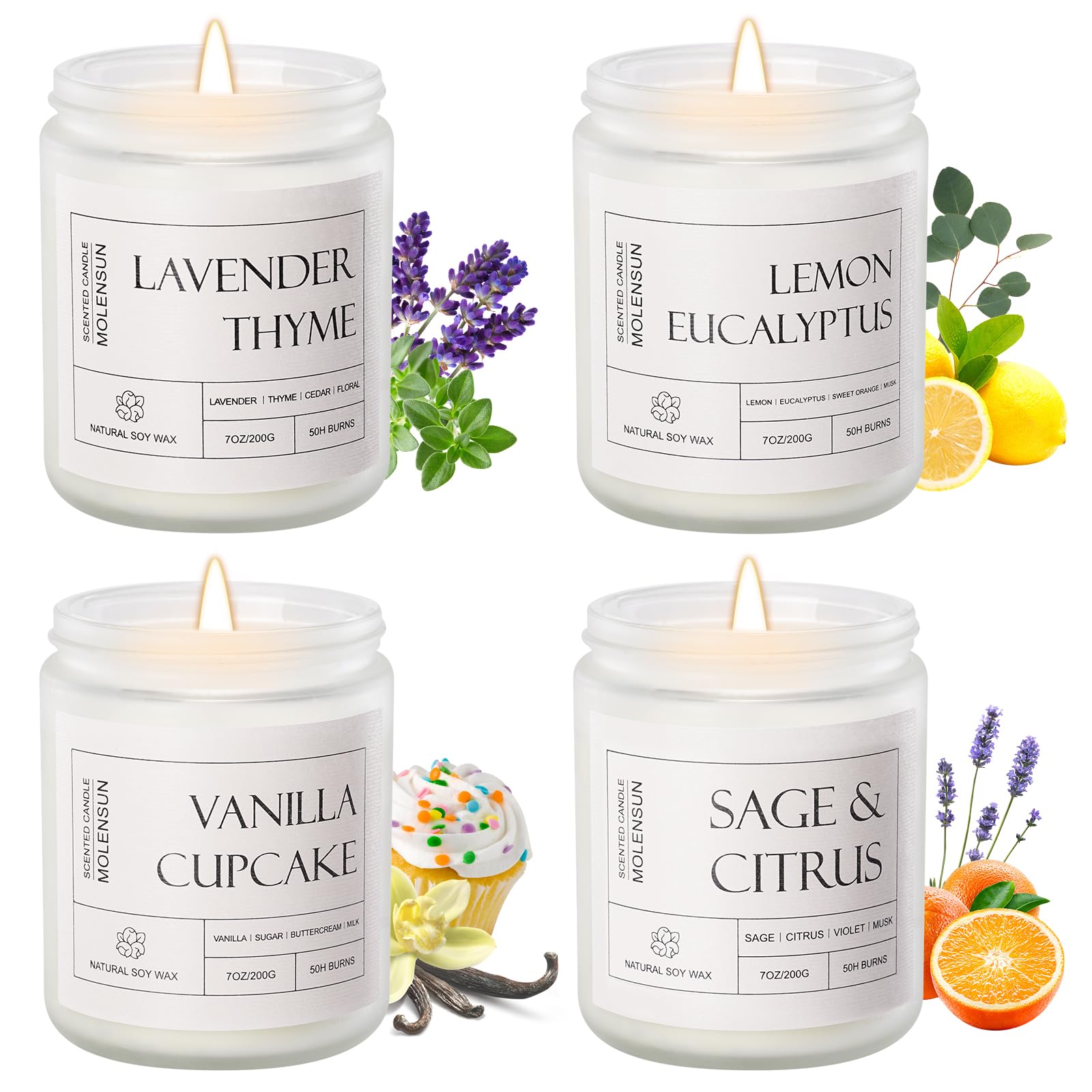 4 Pack Candles for Home Scented, 28 oz 200 Hour Long Lasting Candles, Soy Candle Set Gift for Women, Scents of Lavender Thyme/Lemon Eucalyptus/Sage &Citrus/Vanilla Cupcake