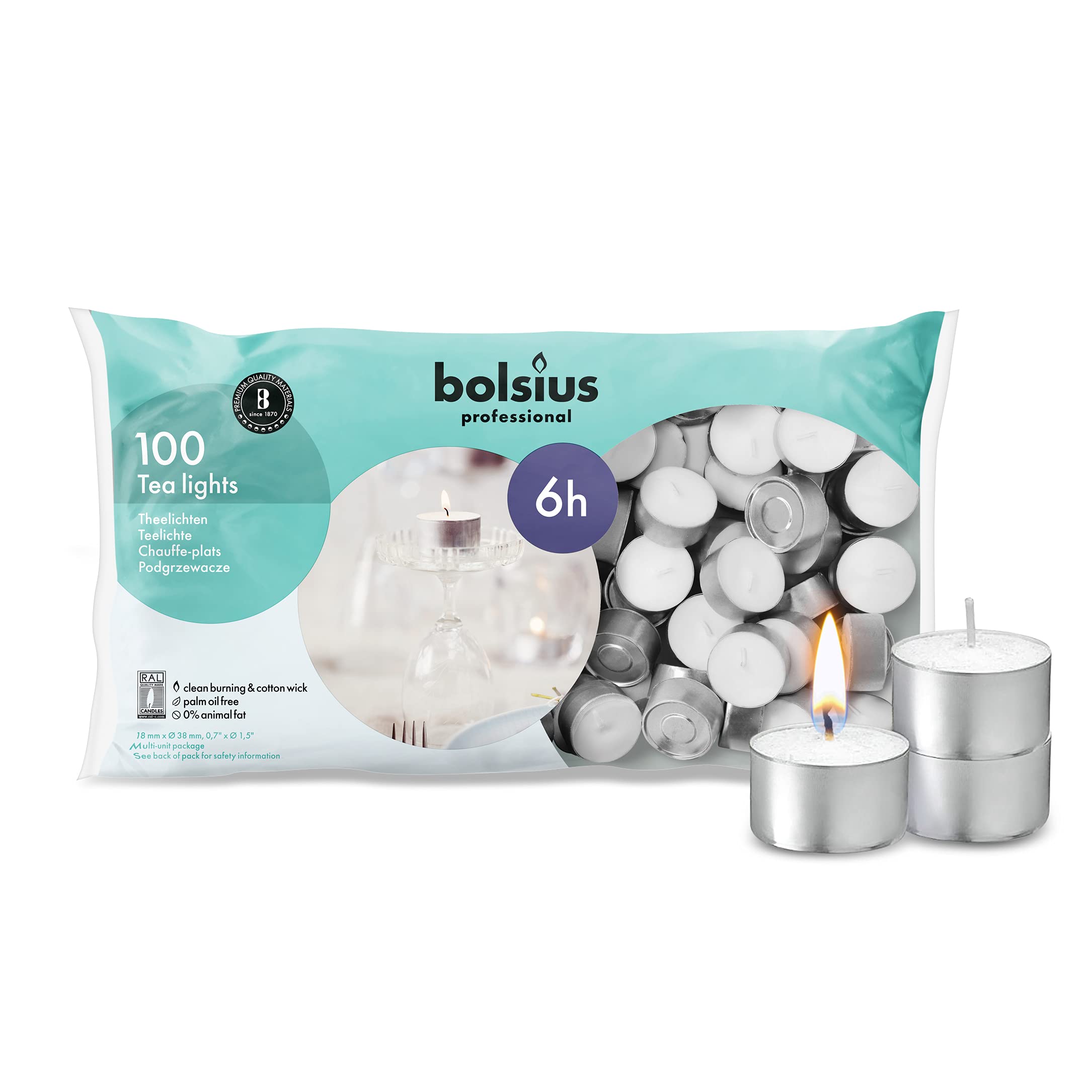 BOLSIUS Tea Lights Candles - Bulk Pack of White Unscented Candle Lights with 6 Hour Burning Time - Tea Candles for Wedding, Home, Parties, and Special Occasions (Pack of 100)