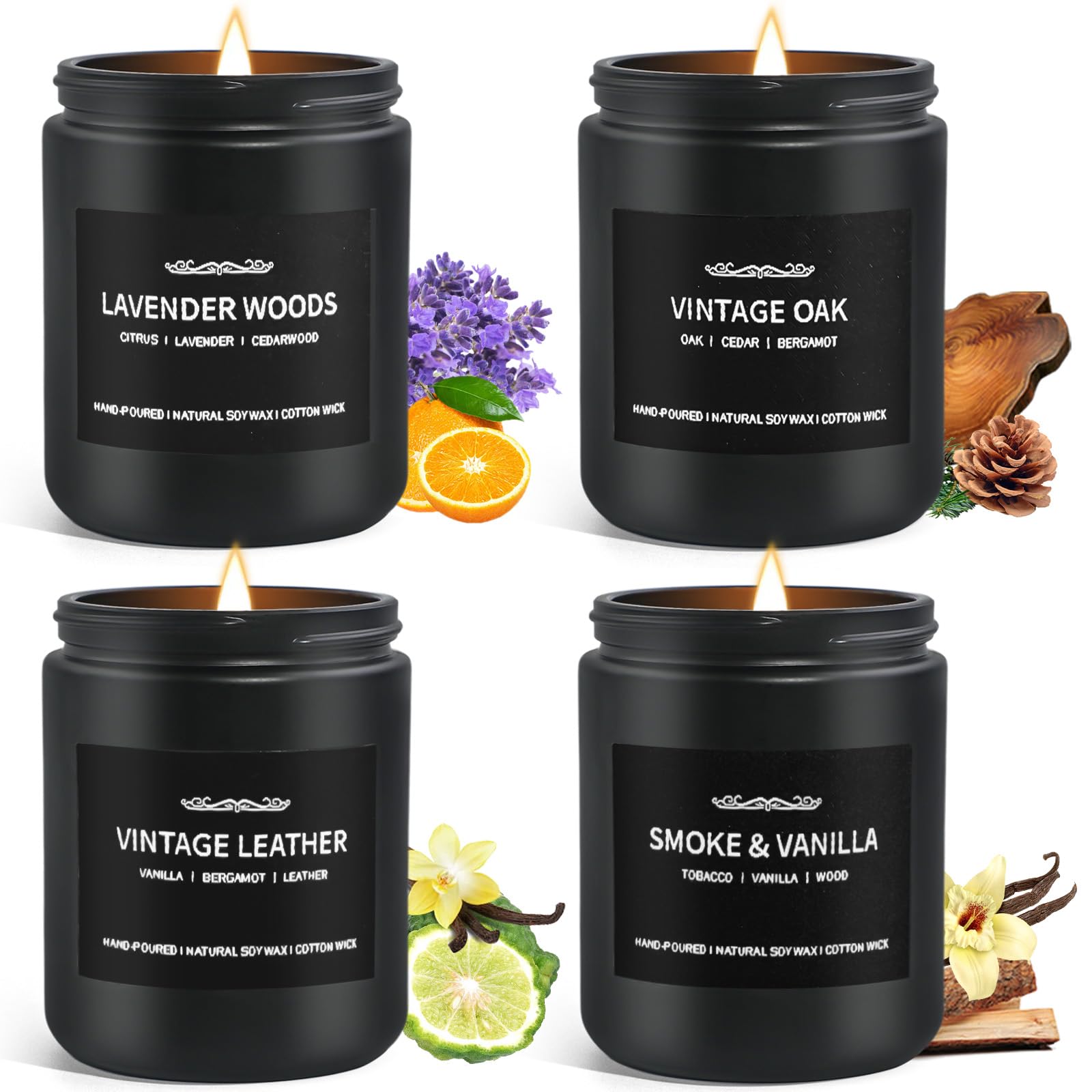 Scented Candle Set, Men Candle Set, Scented Candles for Home, Gifts for Men, 4 Pack Manly Candles Gifts for Mens Scents of Smoke Vanilla/Leather/Oak/Lavender Wood